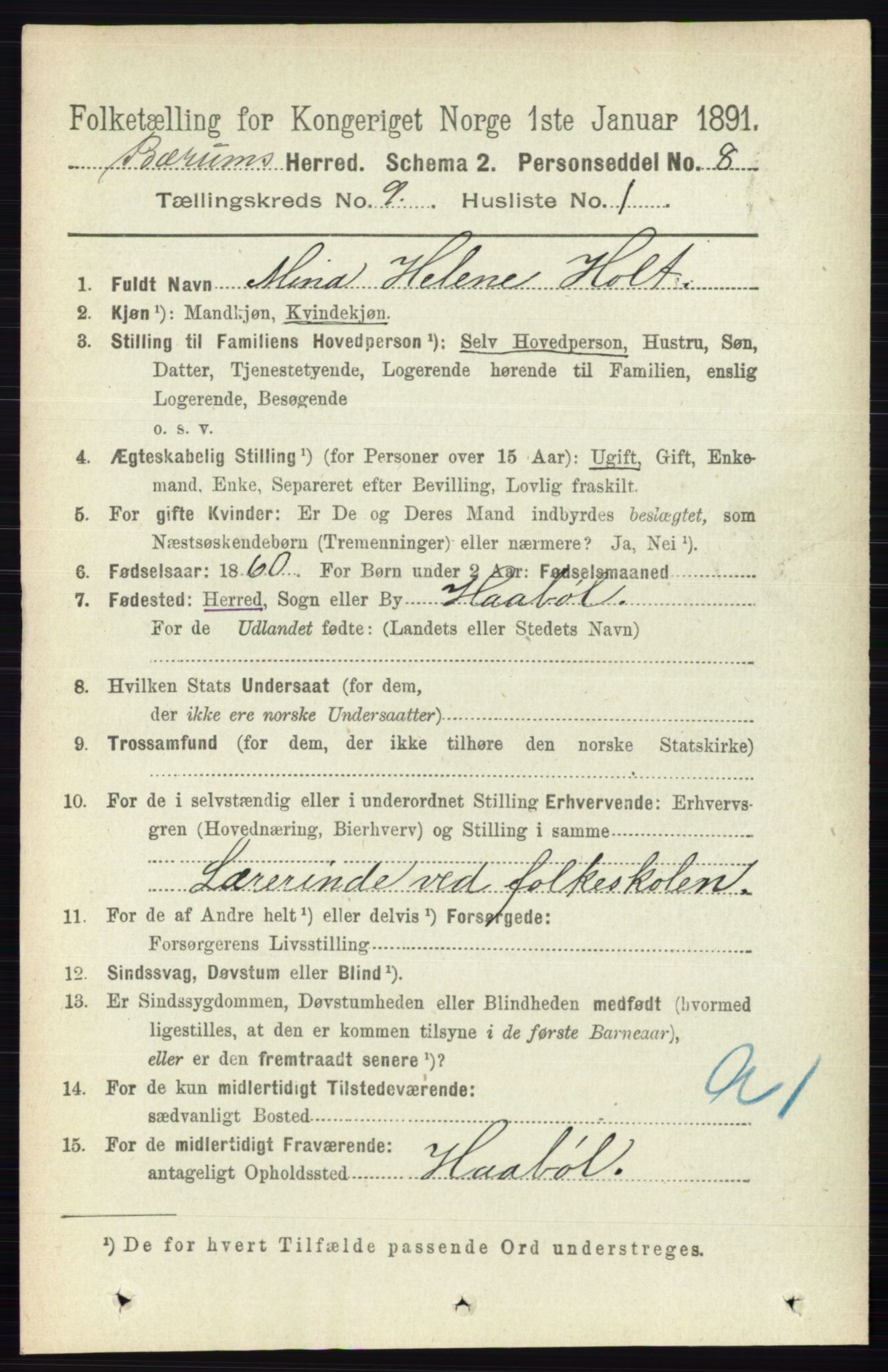 RA, 1891 census for 0219 Bærum, 1891, p. 5141