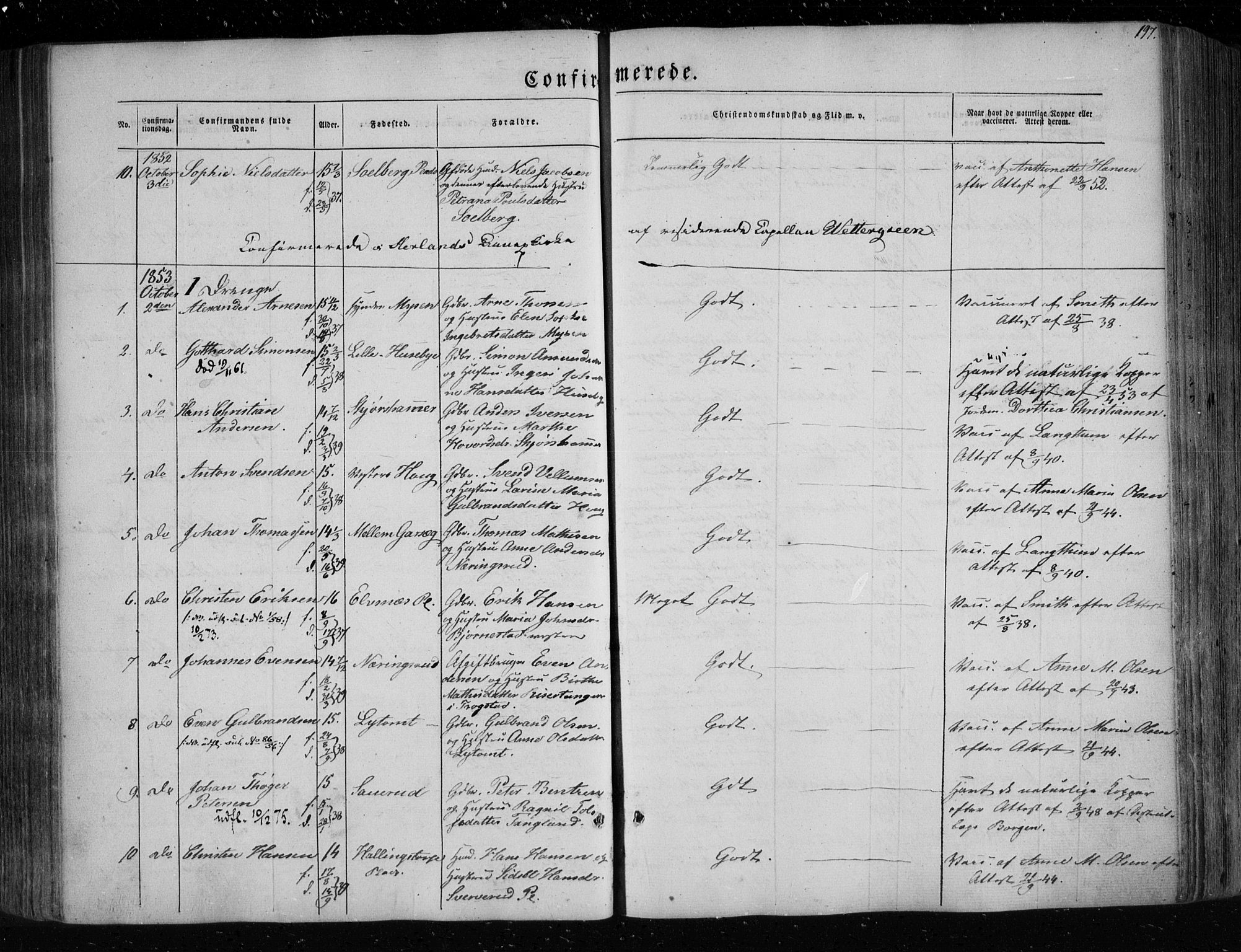 Eidsberg prestekontor Kirkebøker, SAO/A-10905/F/Fa/L0009: Parish register (official) no. I 9, 1849-1856, p. 197