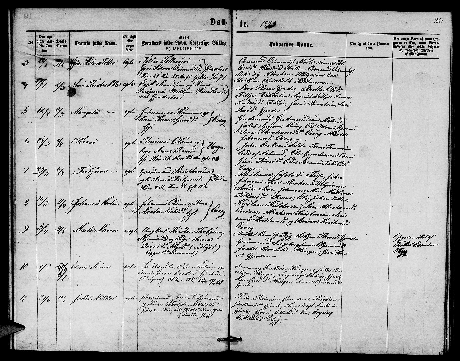 Etne sokneprestembete, AV/SAB-A-75001/H/Hab: Parish register (copy) no. B 3, 1867-1878, p. 20