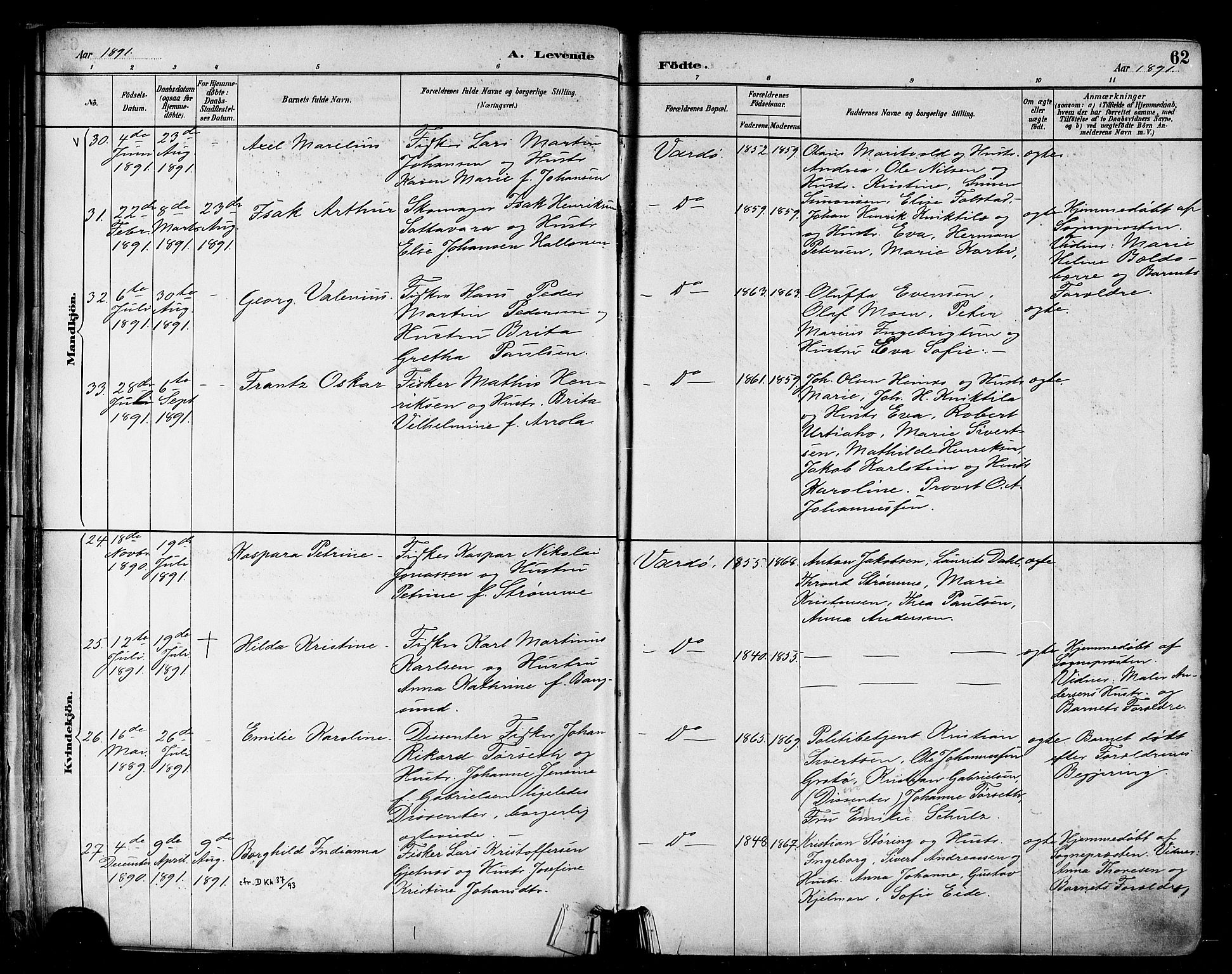 Vardø sokneprestkontor, AV/SATØ-S-1332/H/Ha/L0007kirke: Parish register (official) no. 7, 1886-1897, p. 62