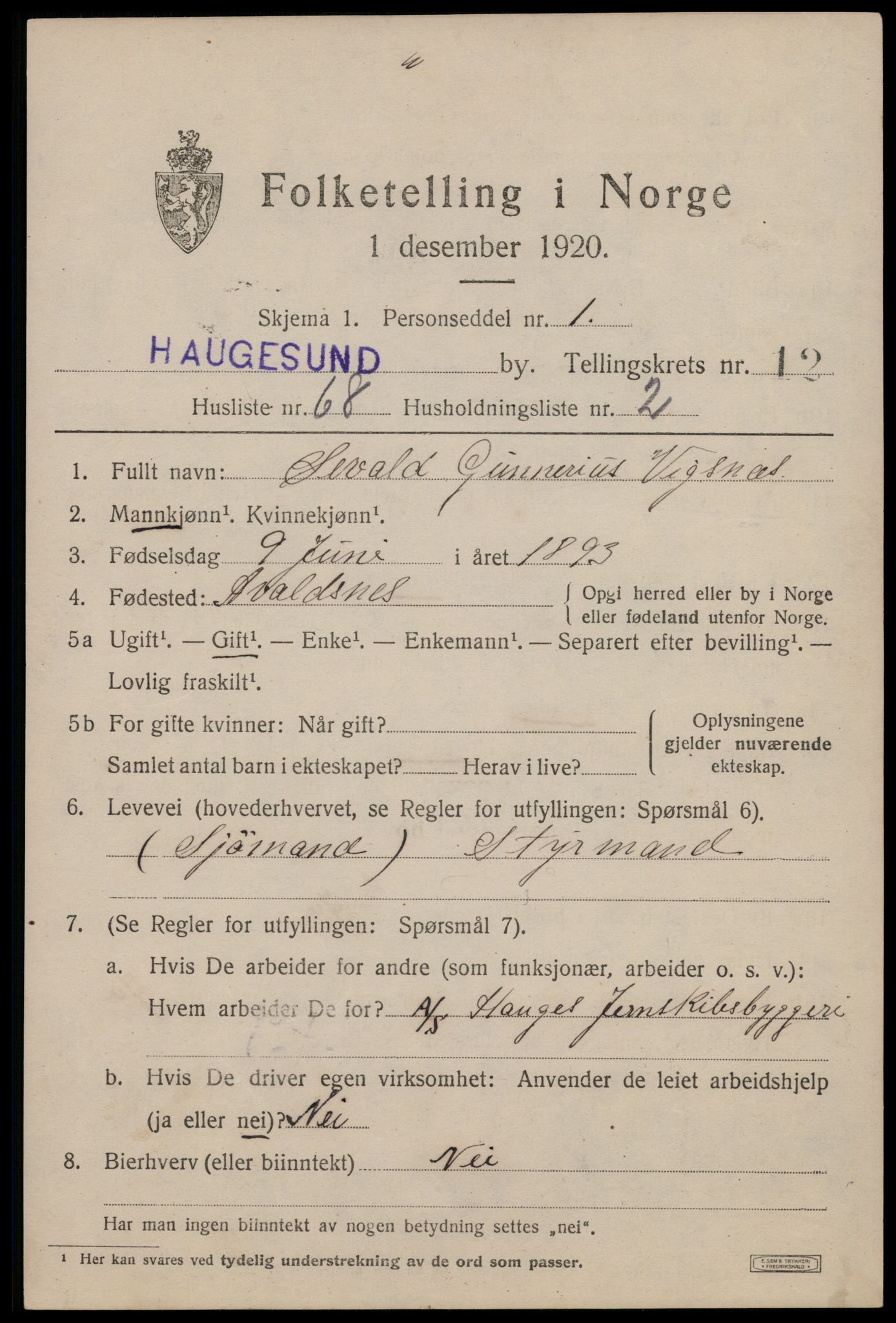 SAST, 1920 census for Haugesund, 1920, p. 39275