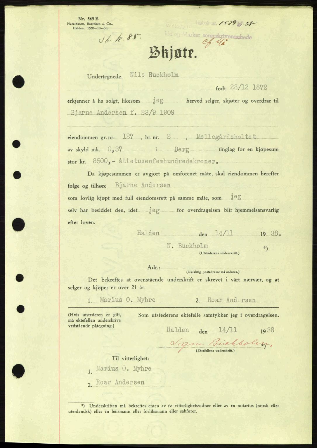 Idd og Marker sorenskriveri, AV/SAO-A-10283/G/Gb/Gbb/L0003: Mortgage book no. A3, 1938-1939, Diary no: : 1529/1938