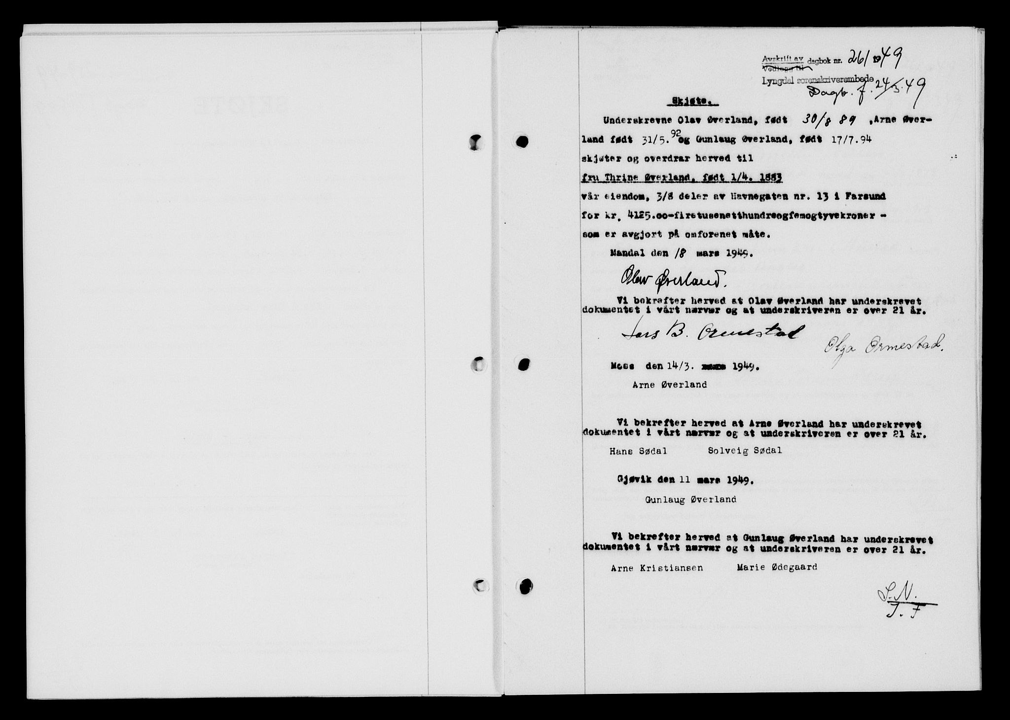 Lyngdal sorenskriveri, AV/SAK-1221-0004/G/Gb/L0663: Mortgage book no. A IX, 1948-1949, Diary no: : 261/1949