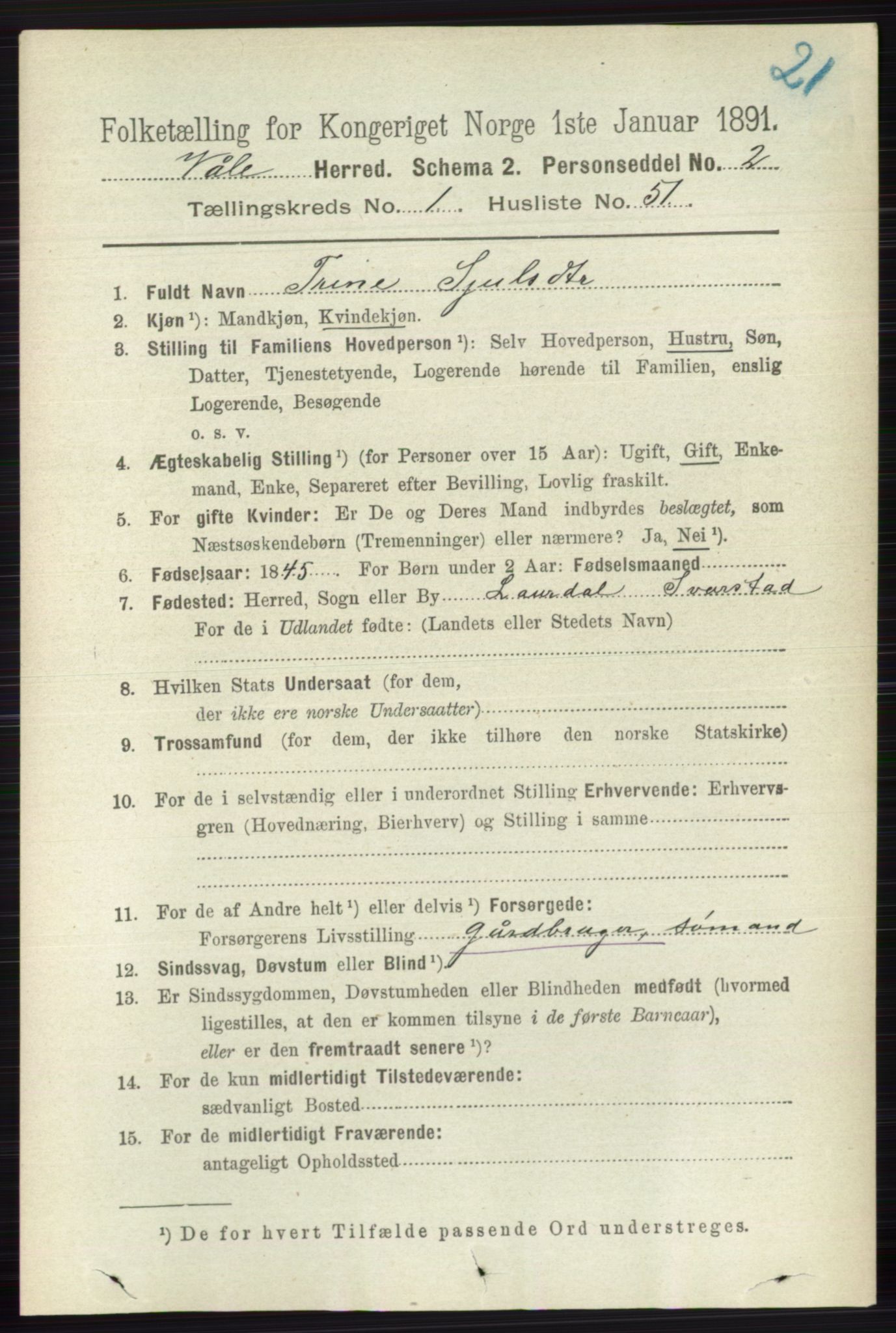 RA, 1891 census for 0716 Våle, 1891, p. 380