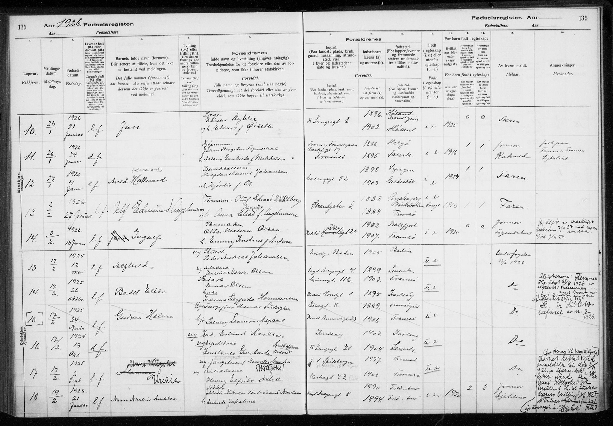 Tromsø sokneprestkontor/stiftsprosti/domprosti, AV/SATØ-S-1343/H/Ha/L0132: Birth register no. 132, 1921-1927, p. 135