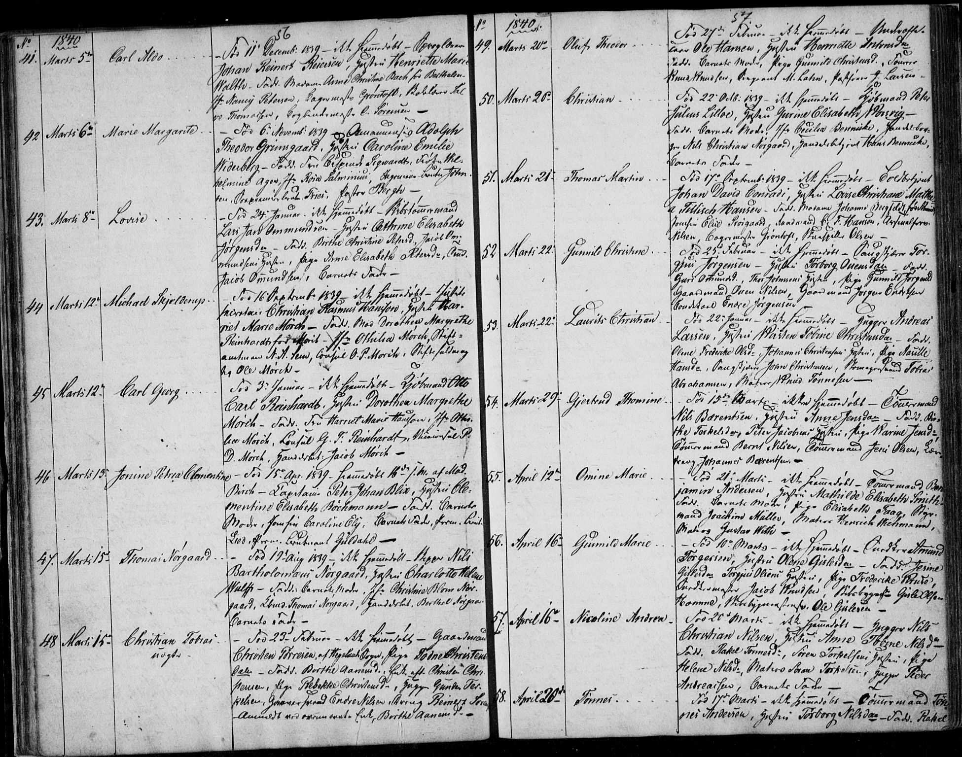 Kristiansand domprosti, SAK/1112-0006/F/Fb/L0009: Parish register (copy) no. B 9, 1838-1843, p. 56-57