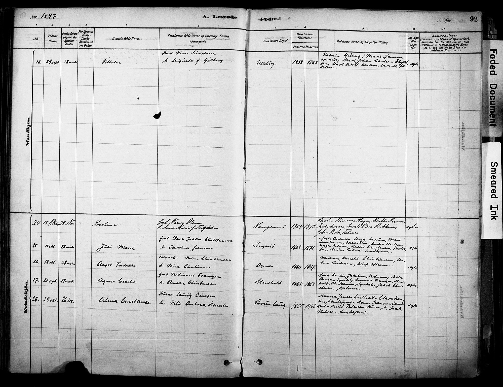 Brunlanes kirkebøker, AV/SAKO-A-342/F/Fc/L0001: Parish register (official) no. III 1, 1878-1899, p. 92