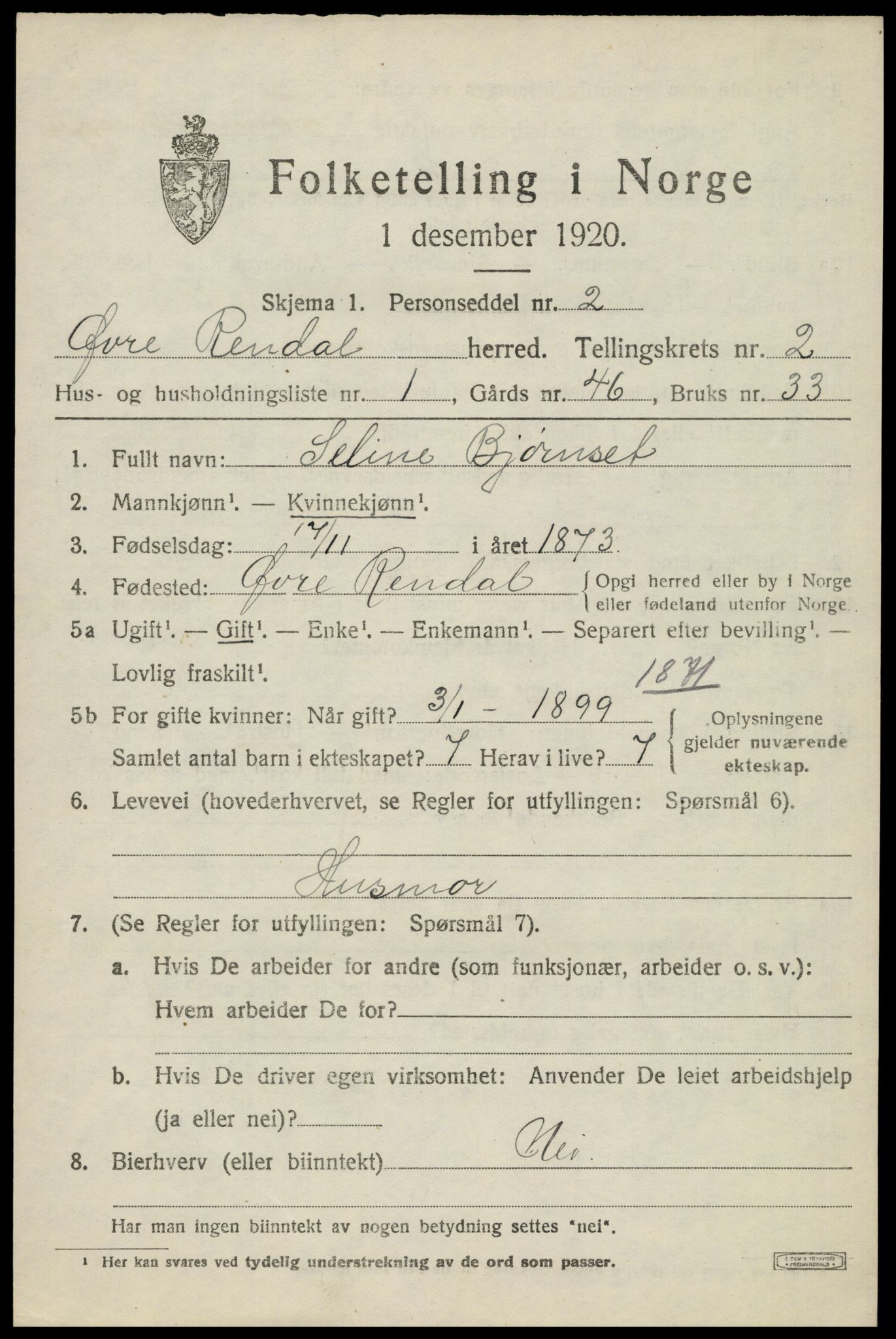 SAH, 1920 census for Øvre Rendal, 1920, p. 933