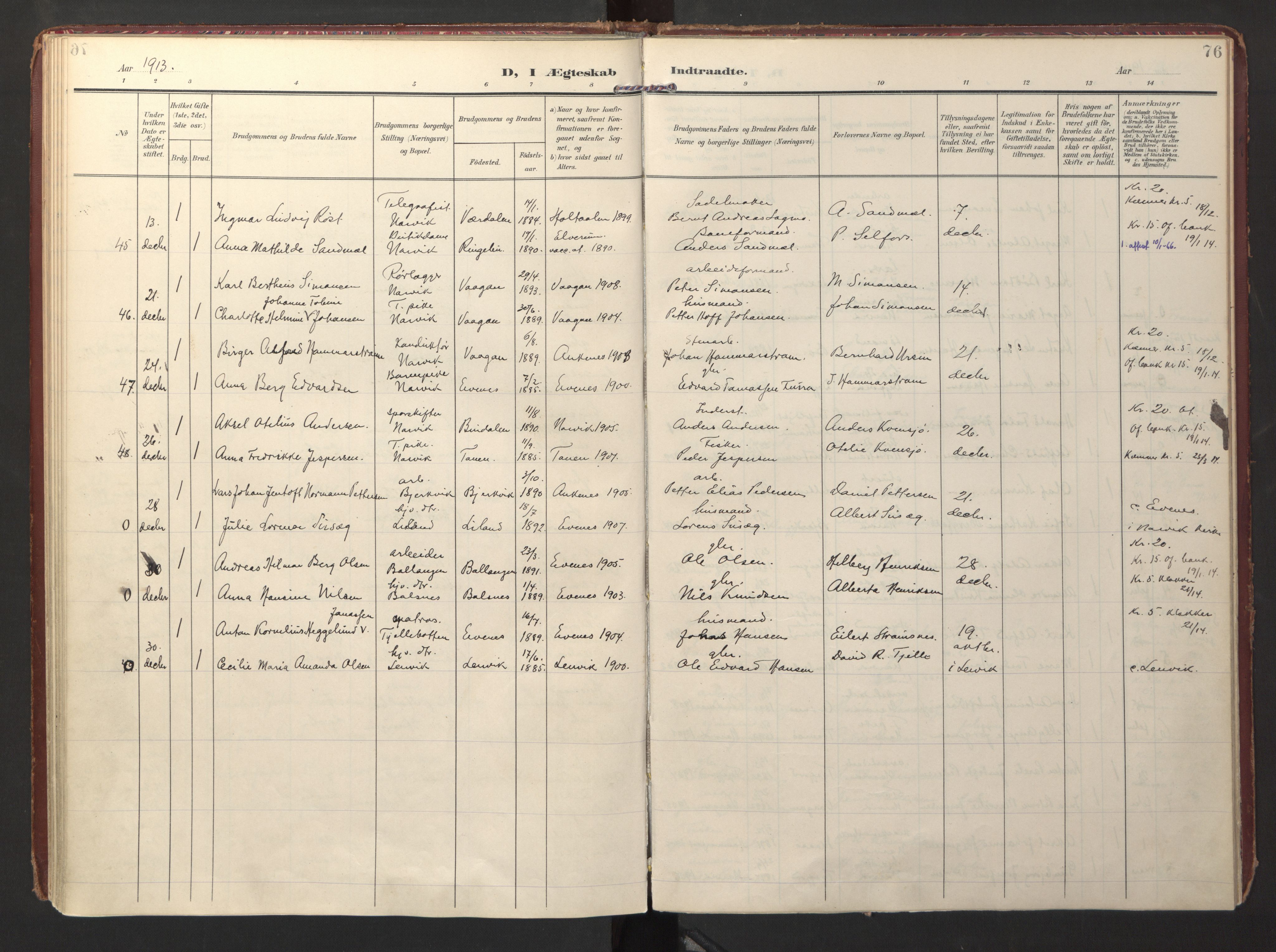 Ministerialprotokoller, klokkerbøker og fødselsregistre - Nordland, AV/SAT-A-1459/871/L0999: Parish register (official) no. 871A15, 1902-1917, p. 76