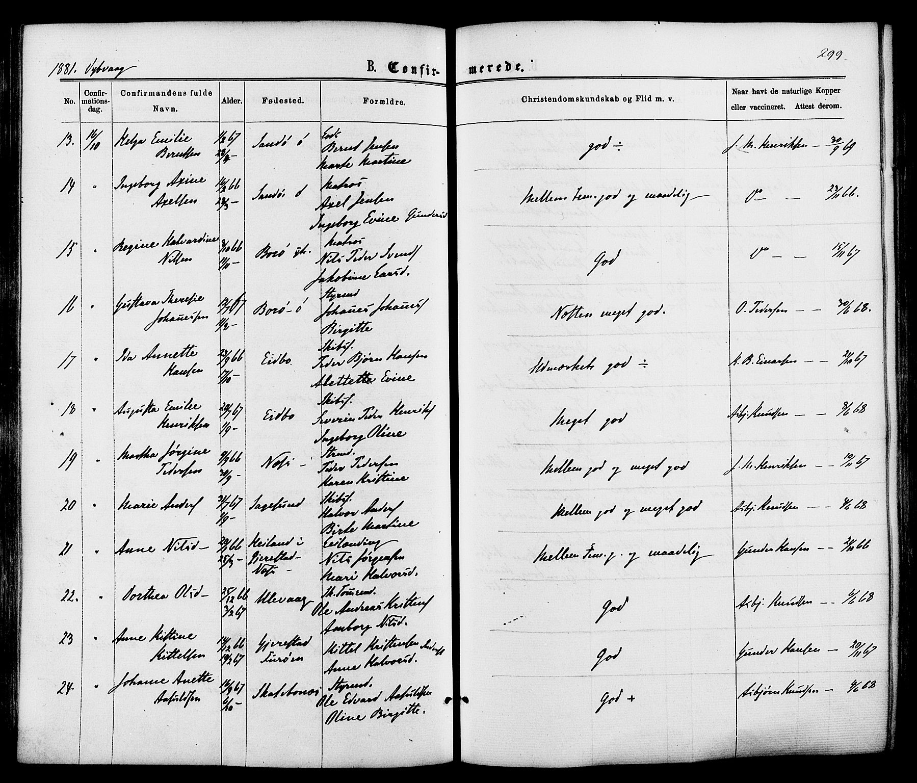 Dypvåg sokneprestkontor, AV/SAK-1111-0007/F/Fa/Faa/L0007: Parish register (official) no. A 7/ 1, 1872-1884, p. 299