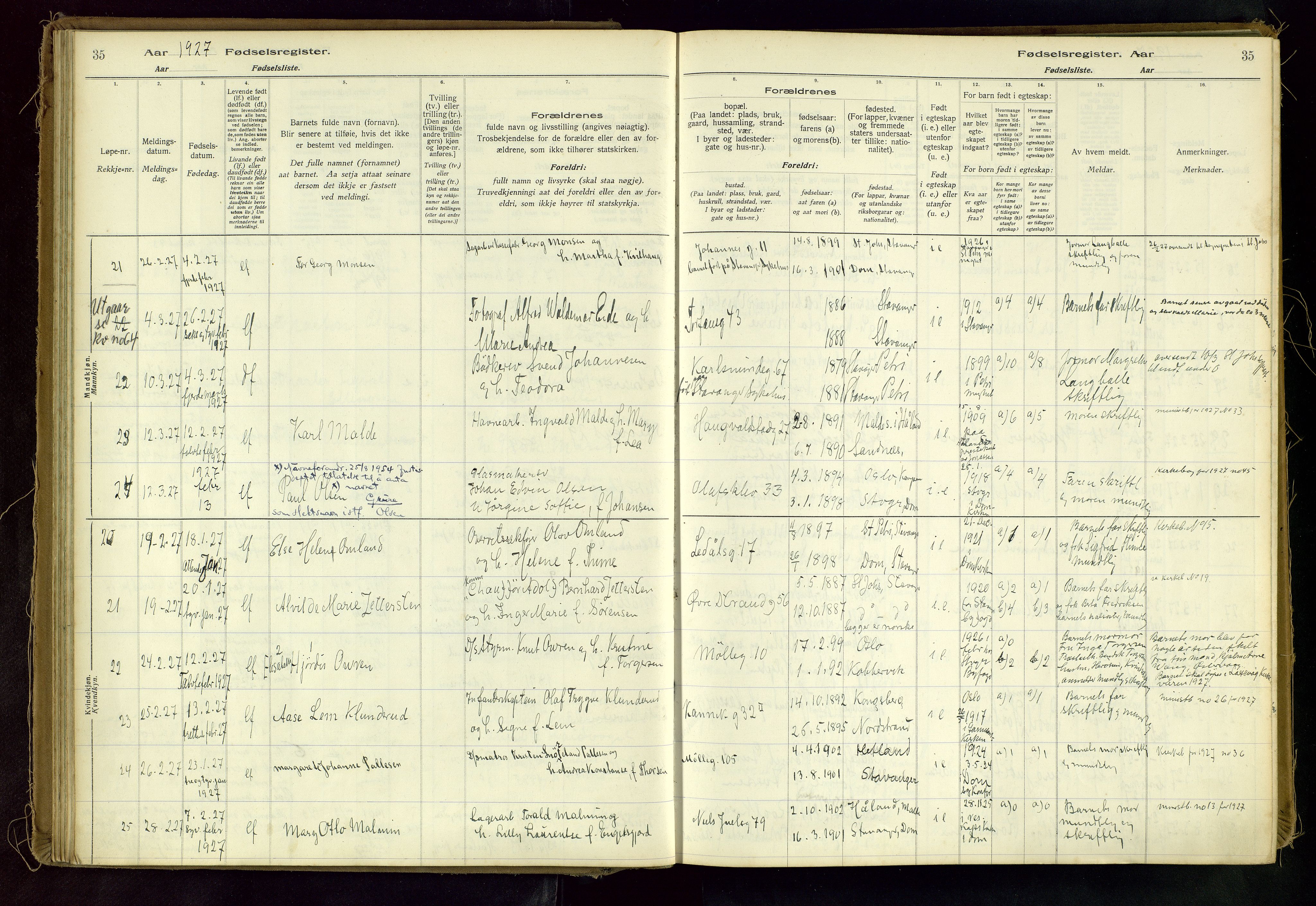 Domkirken sokneprestkontor, SAST/A-101812/002/A/L0001: Birth register no. 1, 1925-1932, p. 35