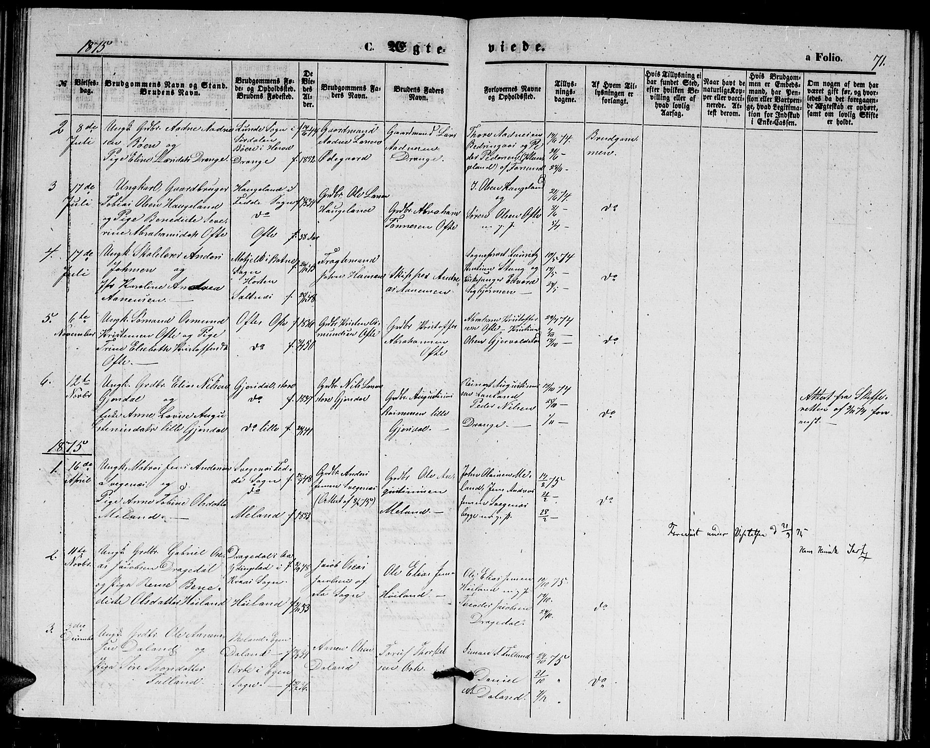 Herad sokneprestkontor, AV/SAK-1111-0018/F/Fb/Fba/L0003: Parish register (copy) no. B 3, 1863-1883, p. 71