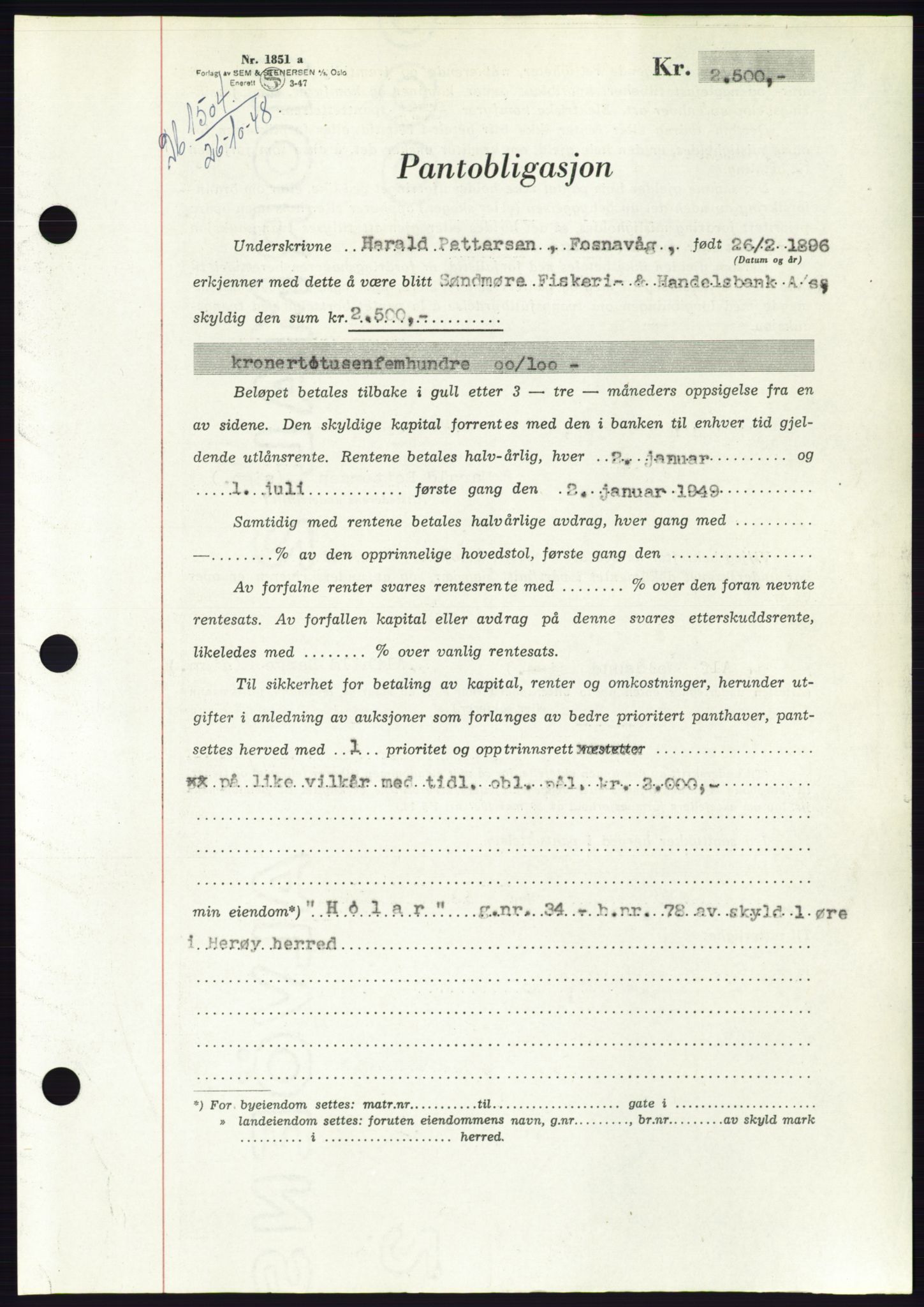 Søre Sunnmøre sorenskriveri, AV/SAT-A-4122/1/2/2C/L0116: Mortgage book no. 4B, 1948-1949, Diary no: : 1504/1948