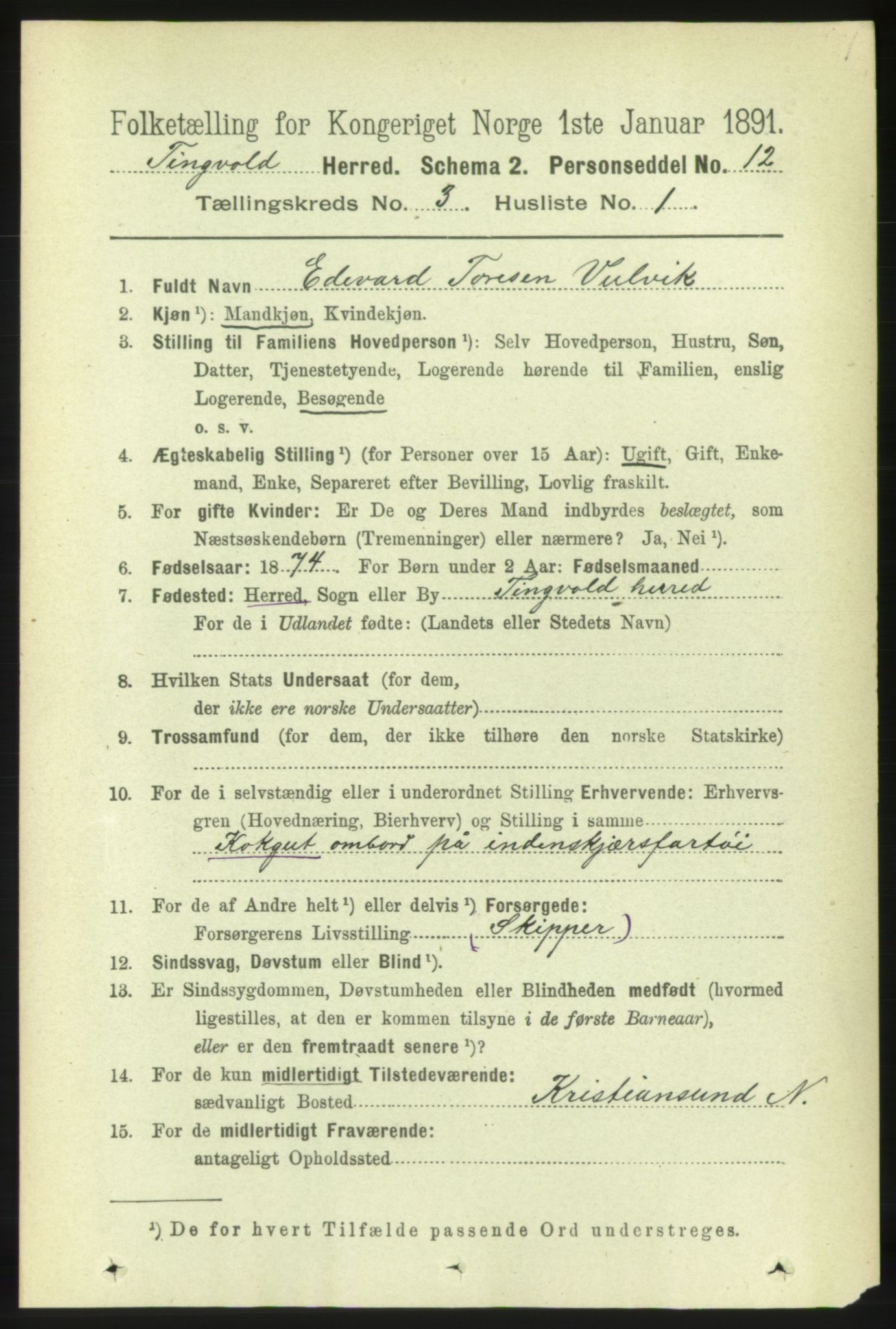 RA, 1891 census for 1560 Tingvoll, 1891, p. 999