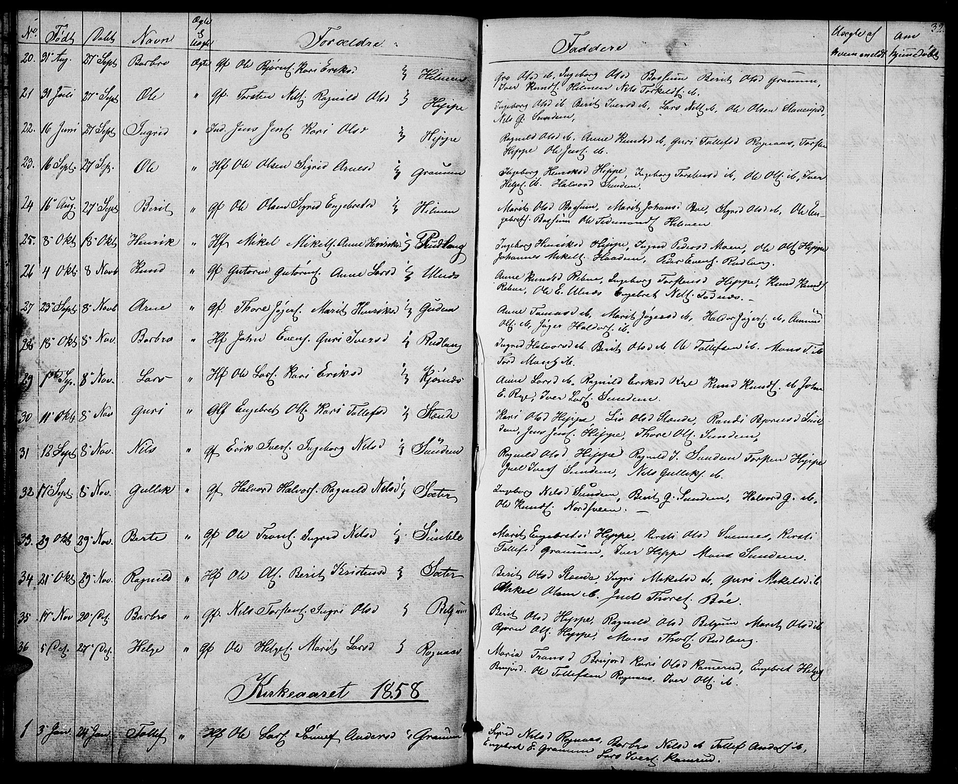 Nord-Aurdal prestekontor, AV/SAH-PREST-132/H/Ha/Hab/L0004: Parish register (copy) no. 4, 1842-1882, p. 32