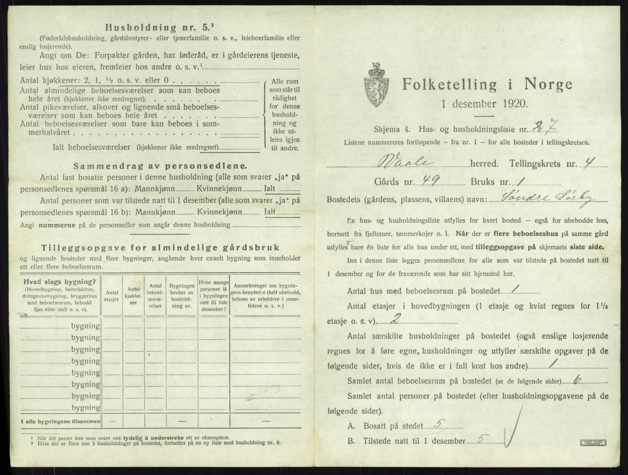 SAKO, 1920 census for Våle, 1920, p. 418