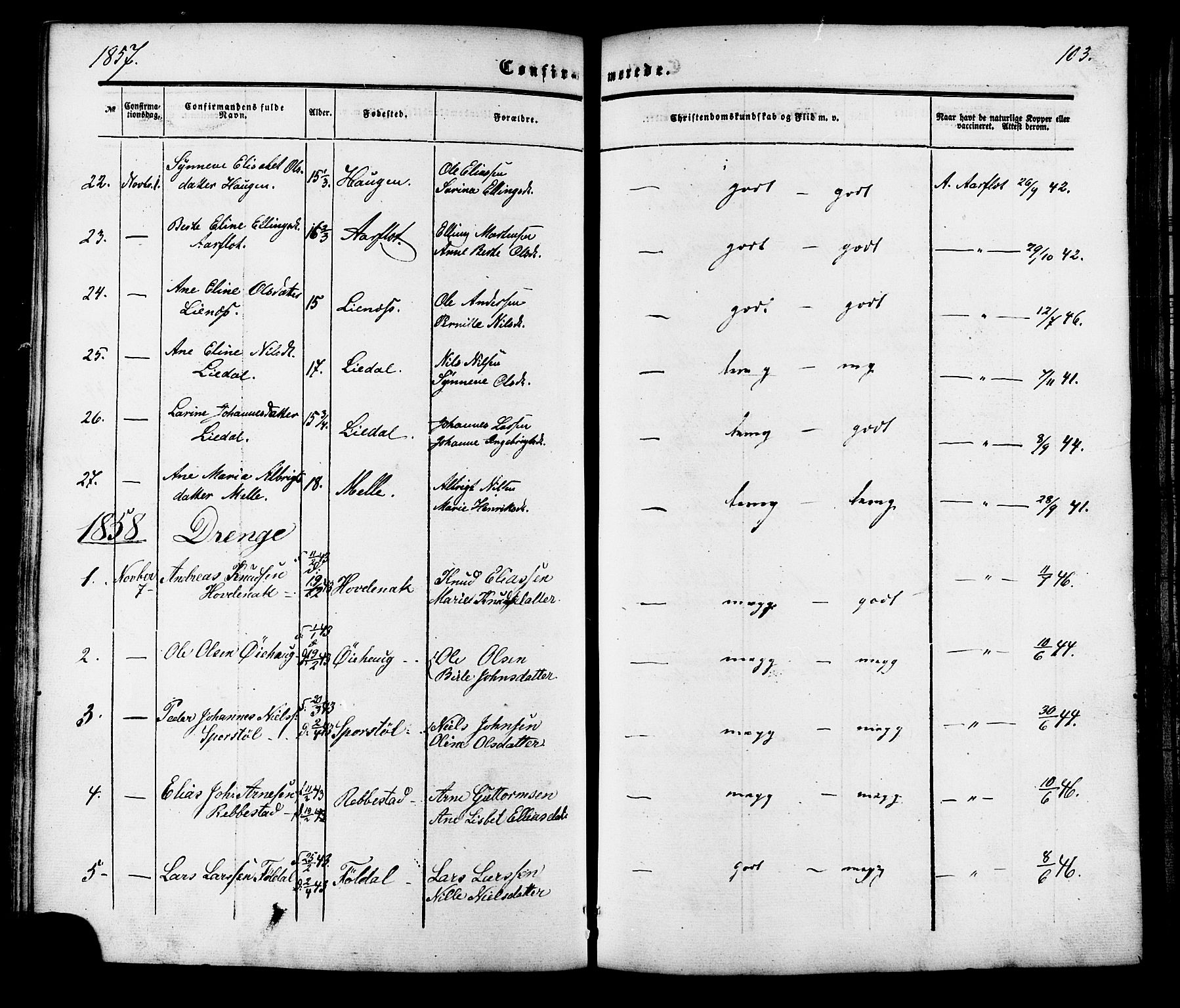 Ministerialprotokoller, klokkerbøker og fødselsregistre - Møre og Romsdal, AV/SAT-A-1454/513/L0175: Parish register (official) no. 513A02, 1856-1877, p. 103