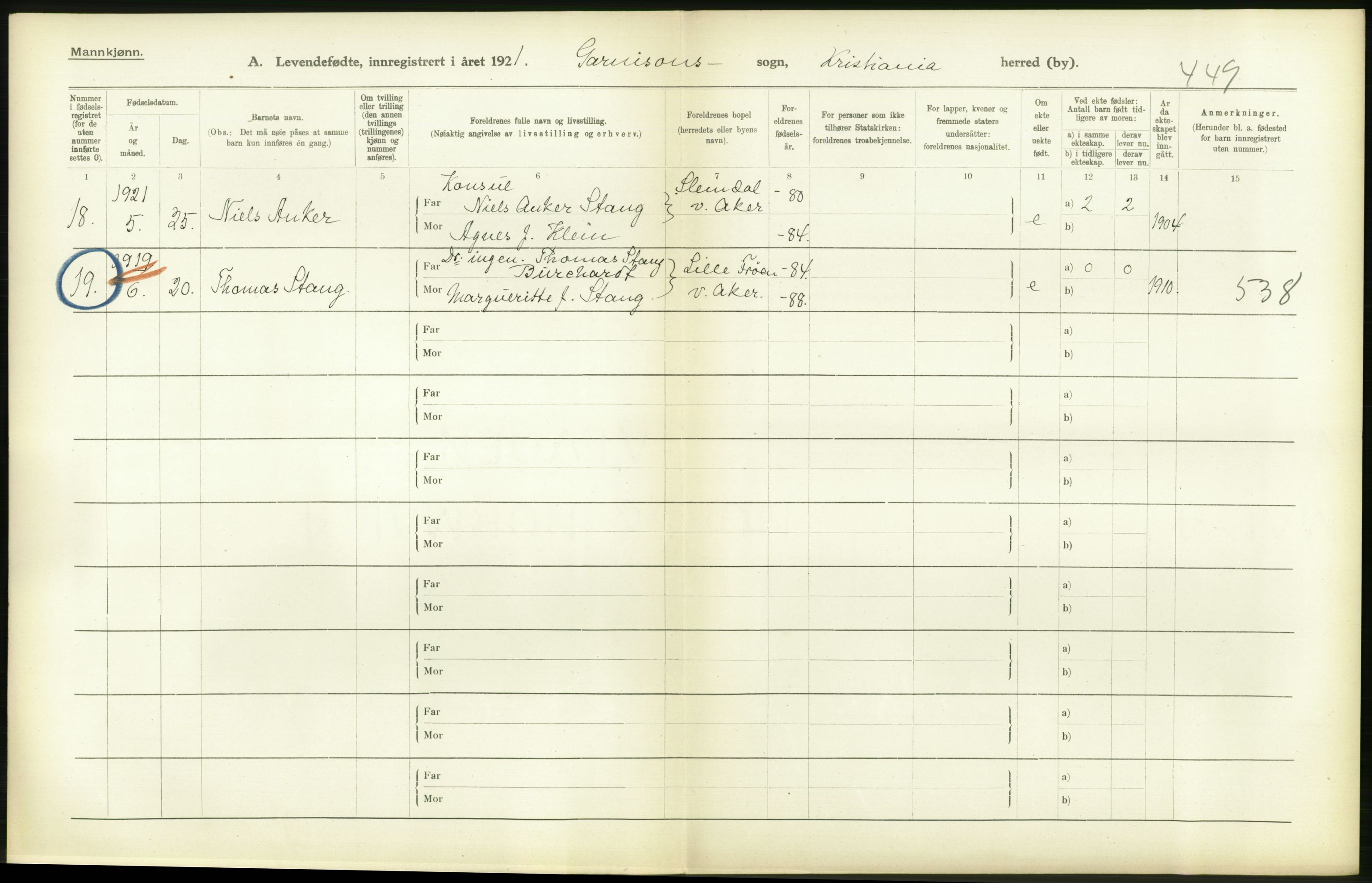 Statistisk sentralbyrå, Sosiodemografiske emner, Befolkning, RA/S-2228/D/Df/Dfc/Dfca/L0009: Kristiania: Levendefødte menn og kvinner., 1921, p. 358