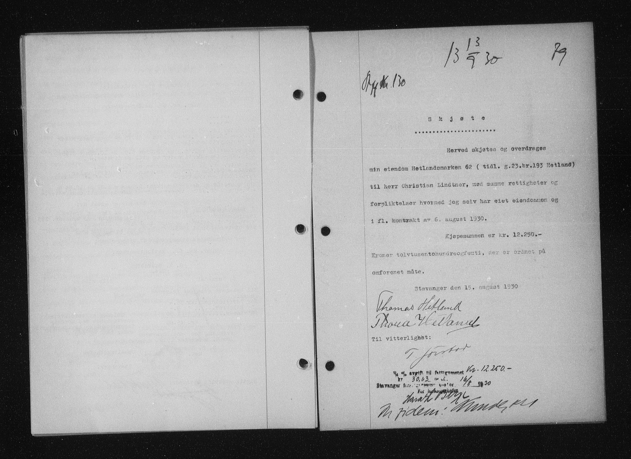 Stavanger byfogd, SAST/A-101408/001/4/41/410/410BB/L0058: Mortgage book no. 48, 1930-1931, Deed date: 13.09.1930