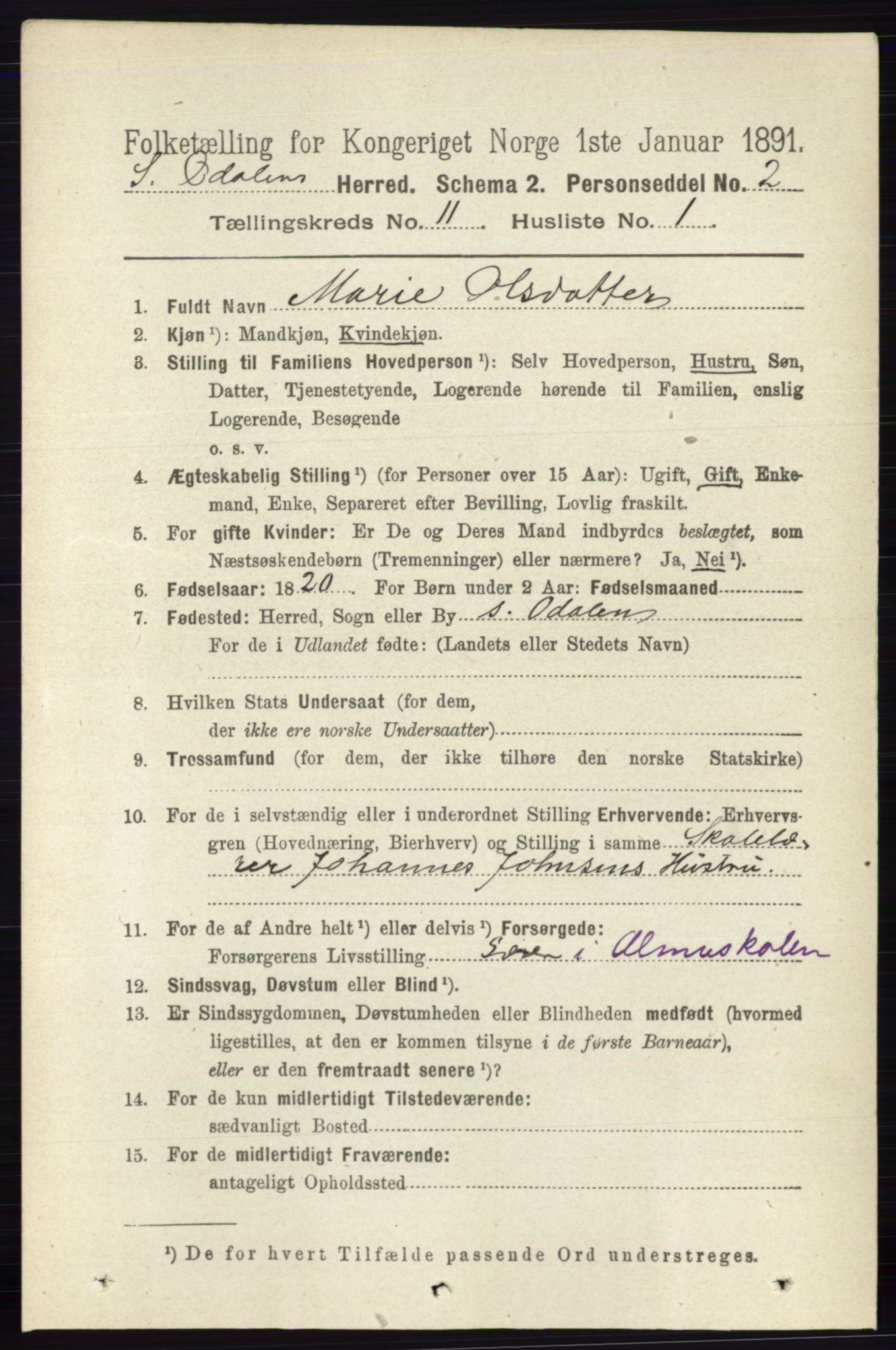 RA, 1891 census for 0419 Sør-Odal, 1891, p. 4905