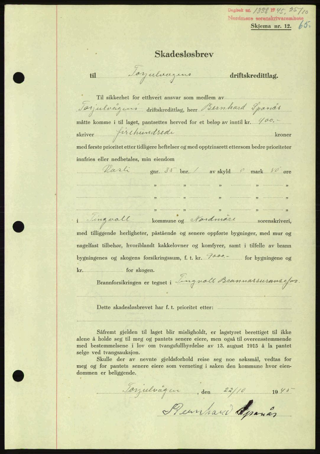 Nordmøre sorenskriveri, AV/SAT-A-4132/1/2/2Ca: Mortgage book no. B93a, 1945-1945, Diary no: : 1338/1945