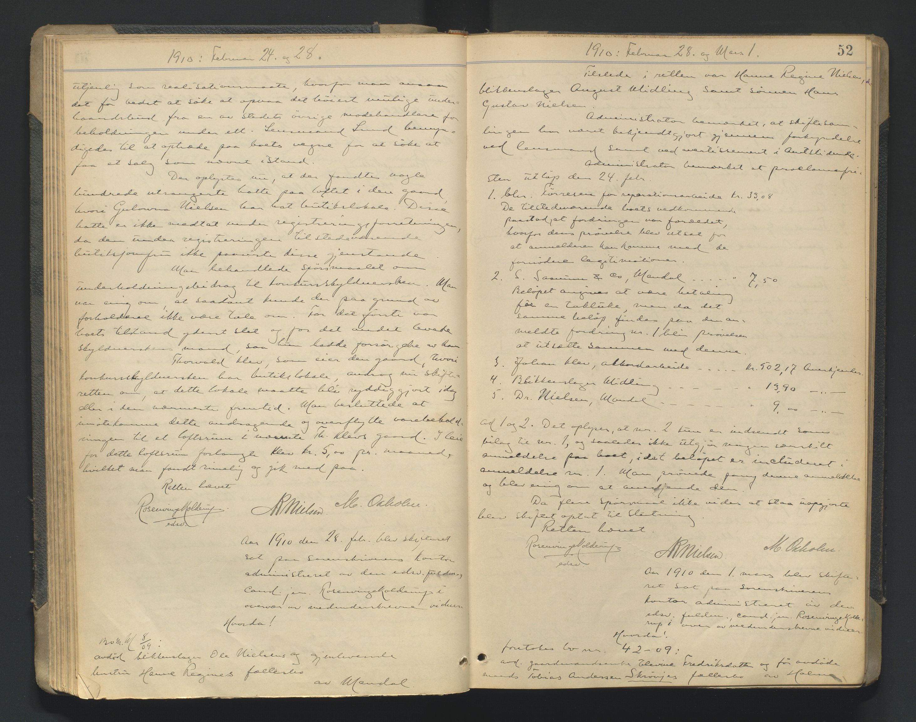 Mandal sorenskriveri, AV/SAK-1221-0005/001/H/Hc/L0081: Skifteforhandlingsprotokoll nr 13, 1909-1913, p. 52