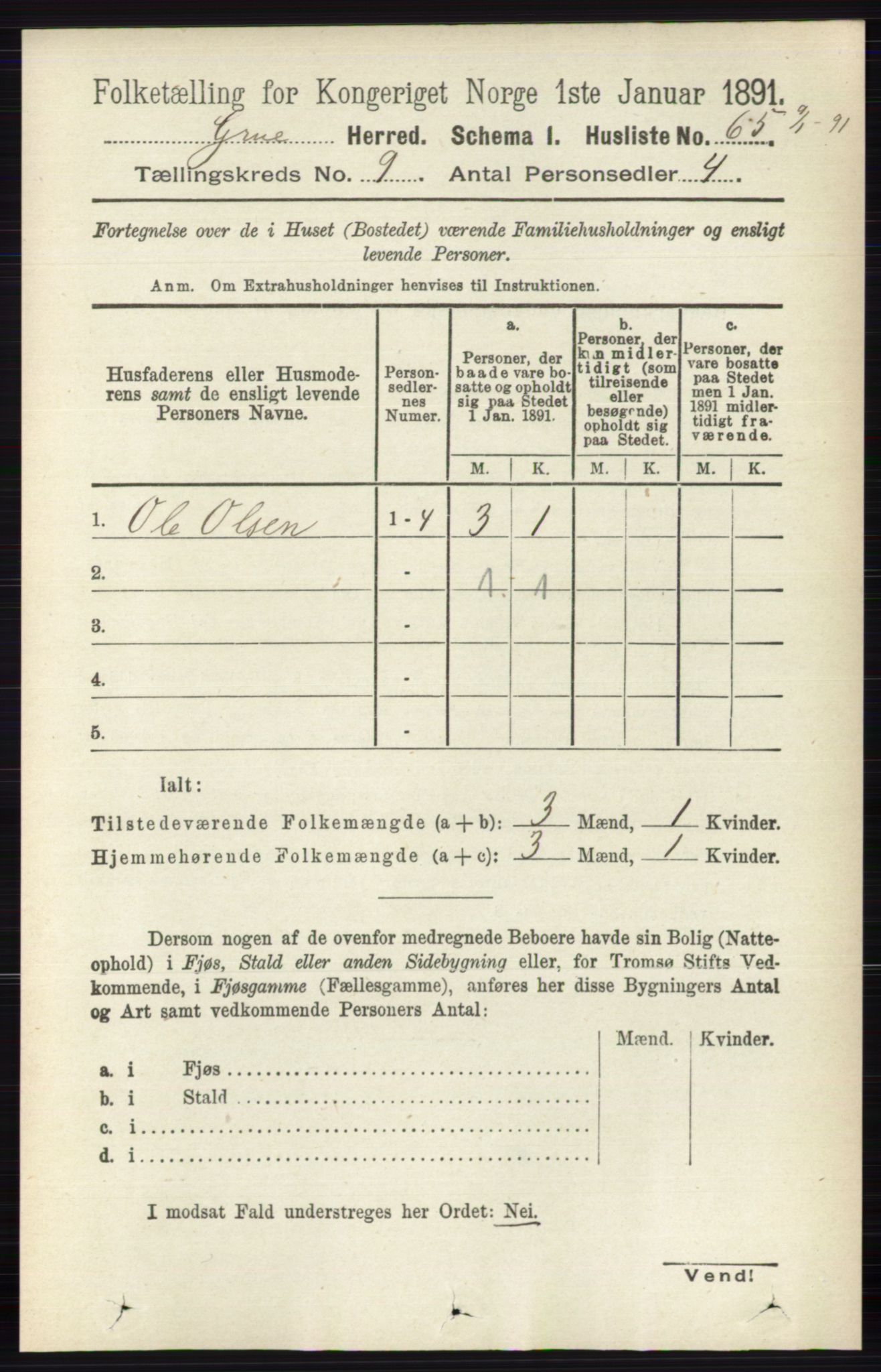 RA, 1891 census for 0423 Grue, 1891, p. 4871