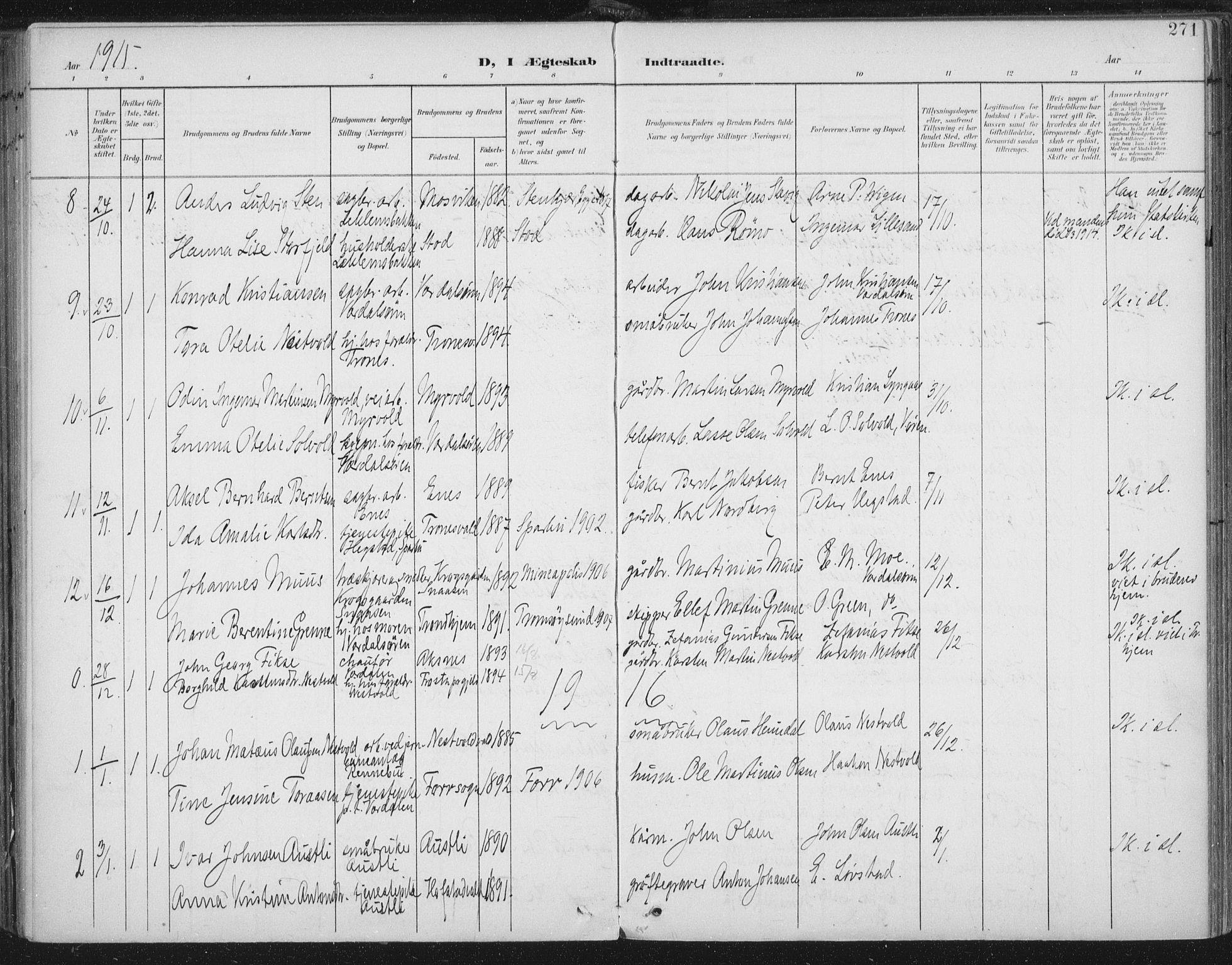 Ministerialprotokoller, klokkerbøker og fødselsregistre - Nord-Trøndelag, SAT/A-1458/723/L0246: Parish register (official) no. 723A15, 1900-1917, p. 271
