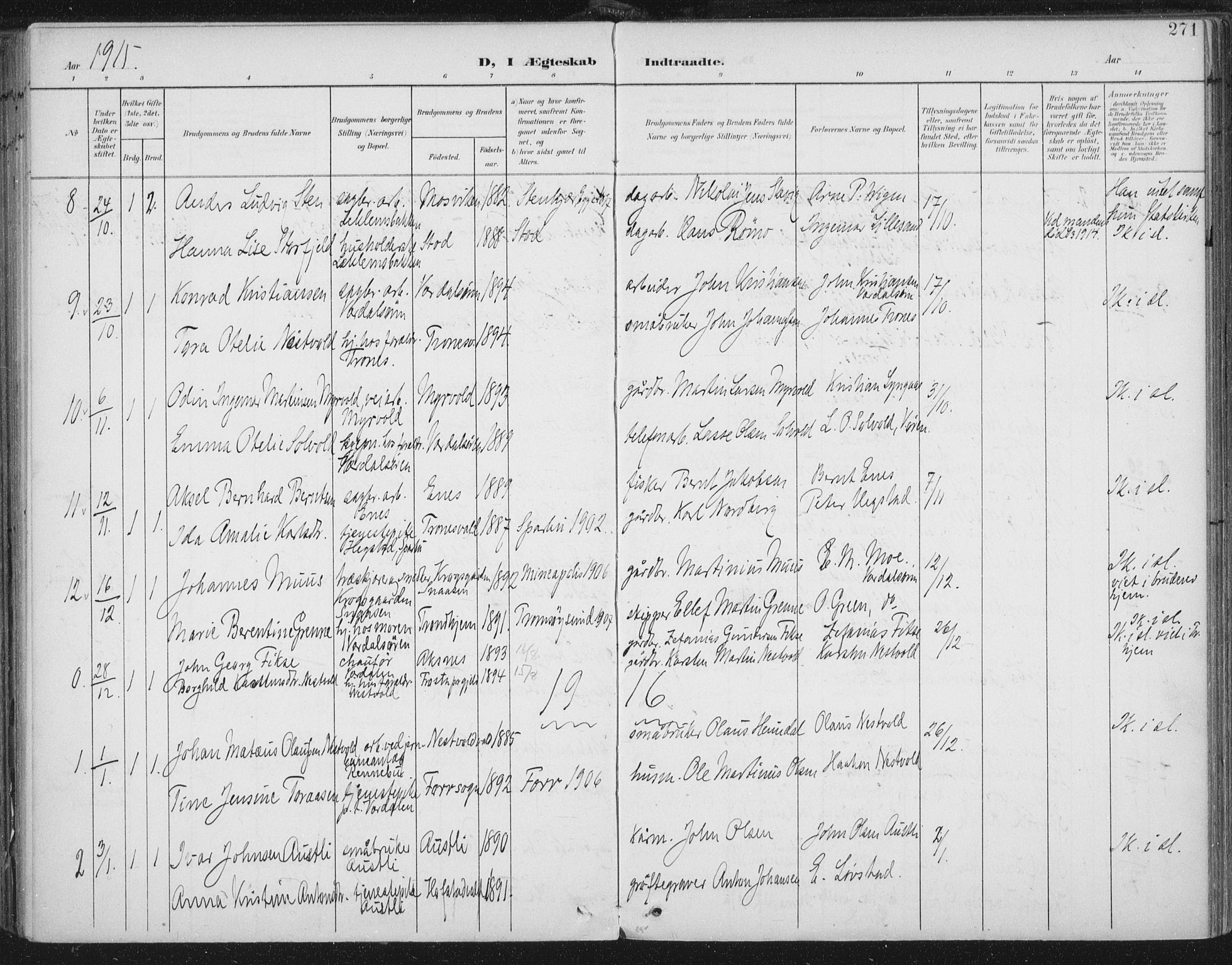 Ministerialprotokoller, klokkerbøker og fødselsregistre - Nord-Trøndelag, AV/SAT-A-1458/723/L0246: Parish register (official) no. 723A15, 1900-1917, p. 271