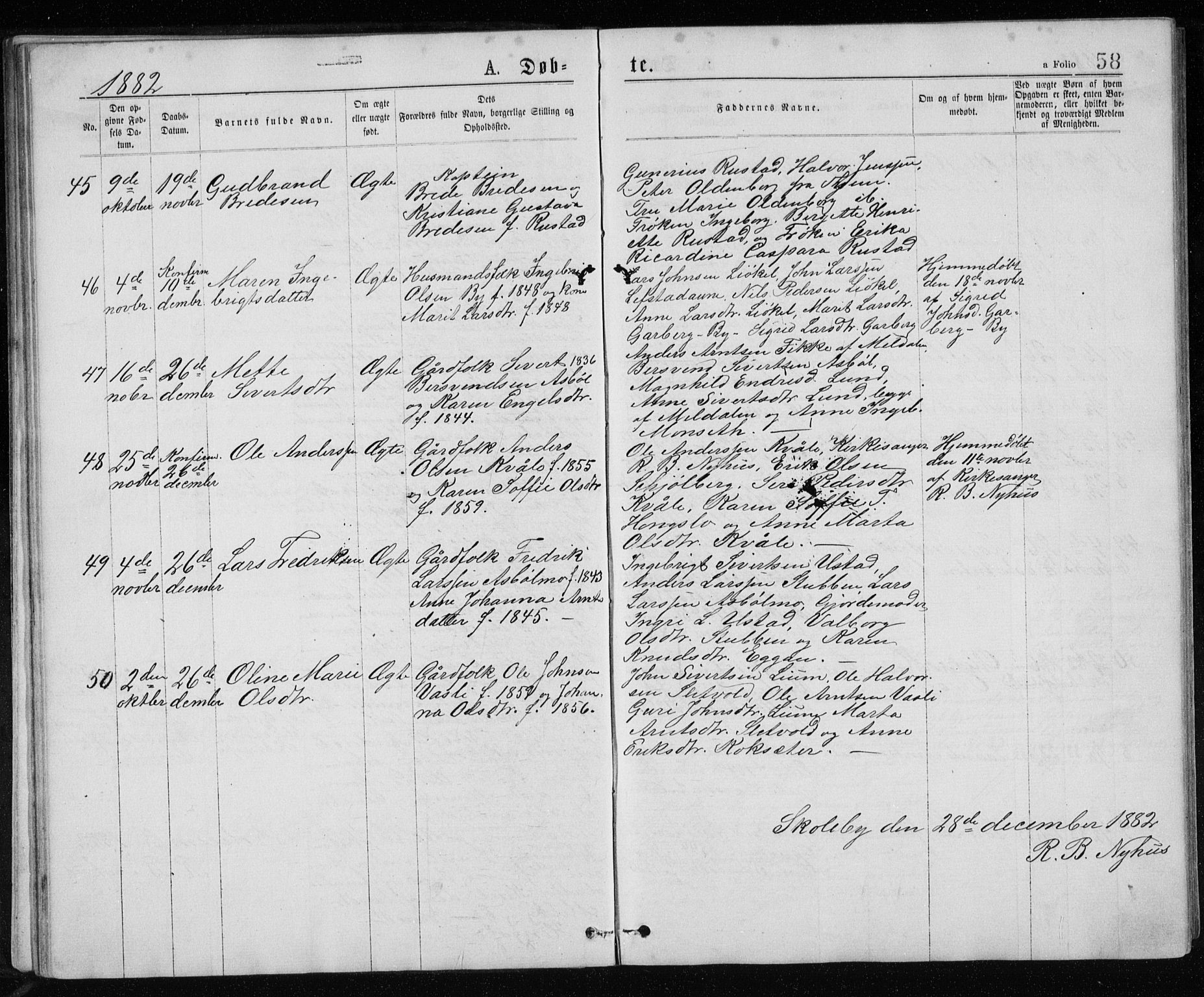 Ministerialprotokoller, klokkerbøker og fødselsregistre - Sør-Trøndelag, SAT/A-1456/671/L0843: Parish register (copy) no. 671C02, 1873-1892, p. 58