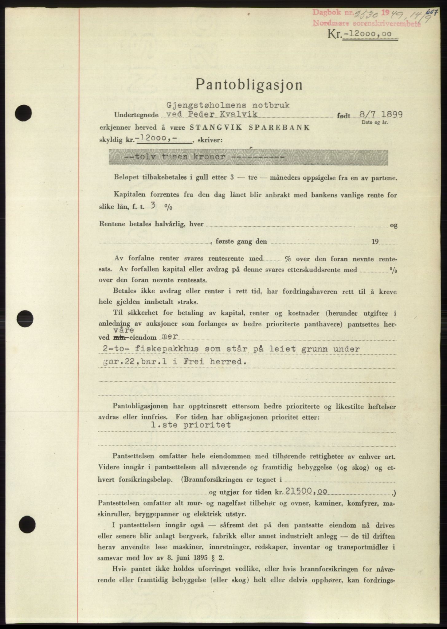 Nordmøre sorenskriveri, AV/SAT-A-4132/1/2/2Ca: Mortgage book no. B102, 1949-1949, Diary no: : 2530/1949