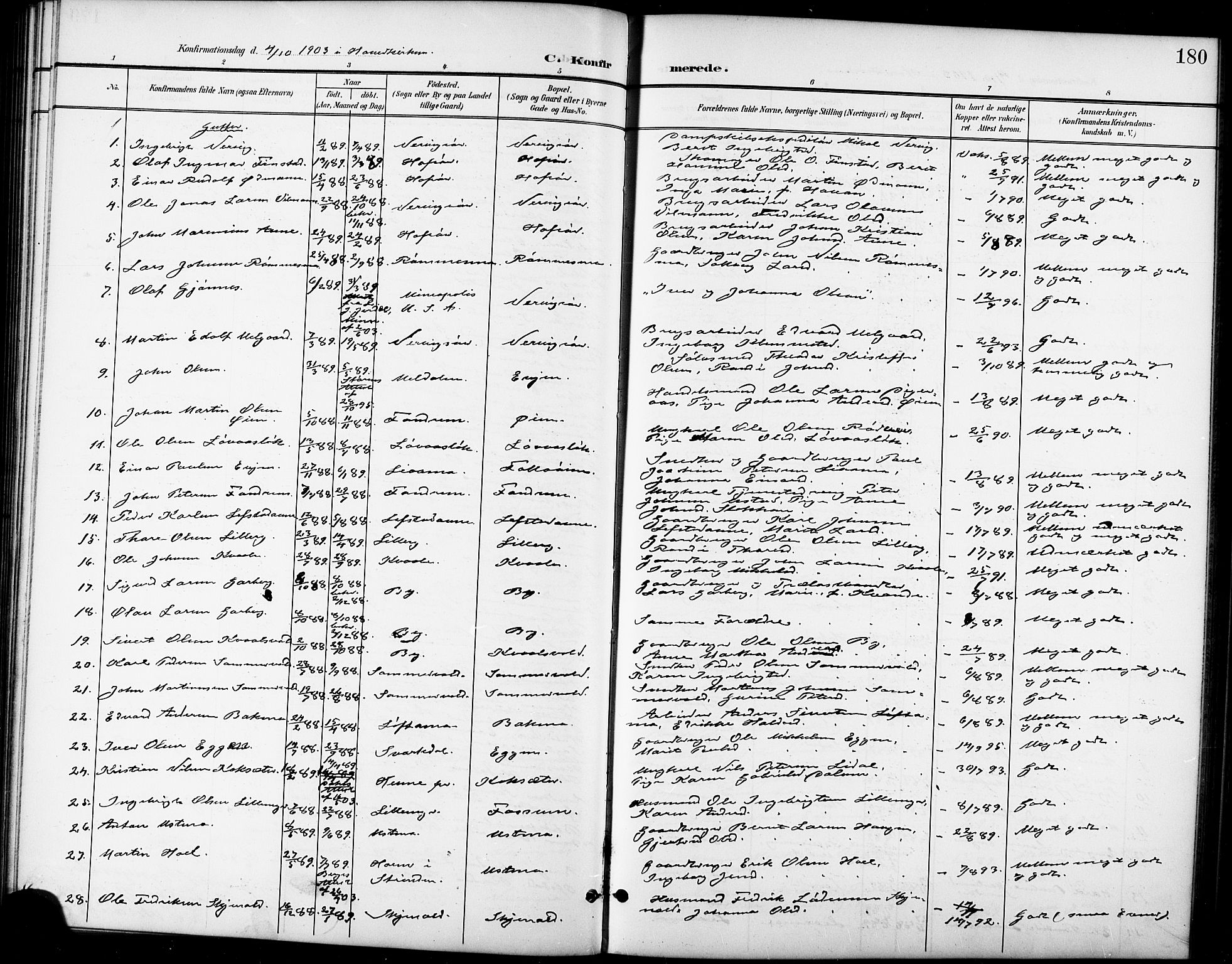 Ministerialprotokoller, klokkerbøker og fødselsregistre - Sør-Trøndelag, SAT/A-1456/668/L0819: Parish register (copy) no. 668C08, 1899-1912, p. 180