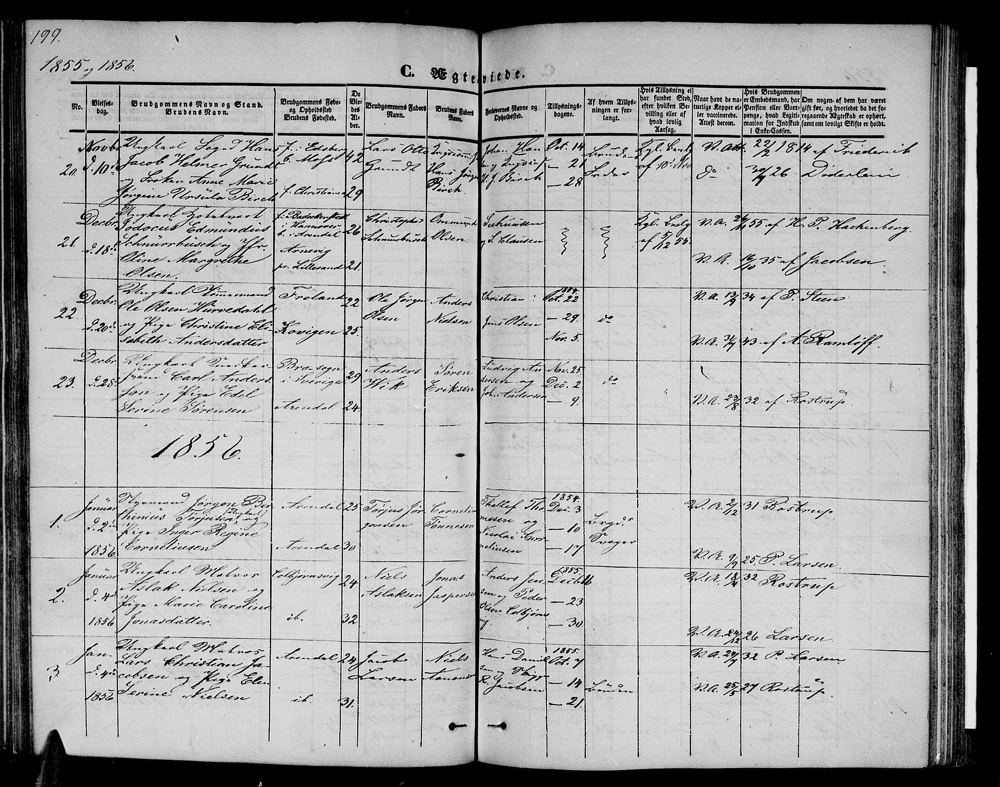Arendal sokneprestkontor, Trefoldighet, SAK/1111-0040/F/Fb/L0002: Parish register (copy) no. B 2, 1838-1860, p. 199