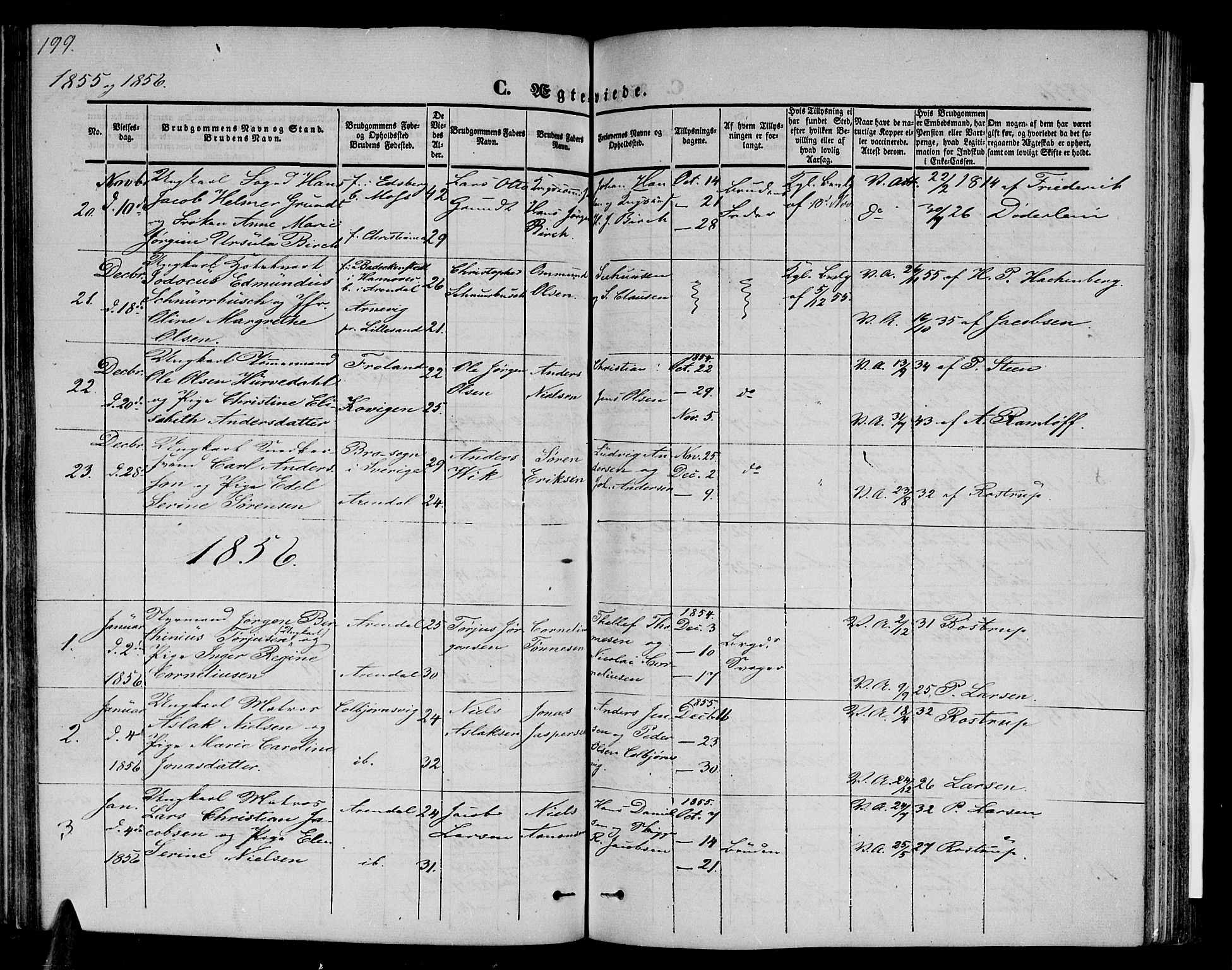 Arendal sokneprestkontor, Trefoldighet, AV/SAK-1111-0040/F/Fb/L0002: Parish register (copy) no. B 2, 1838-1860, p. 199