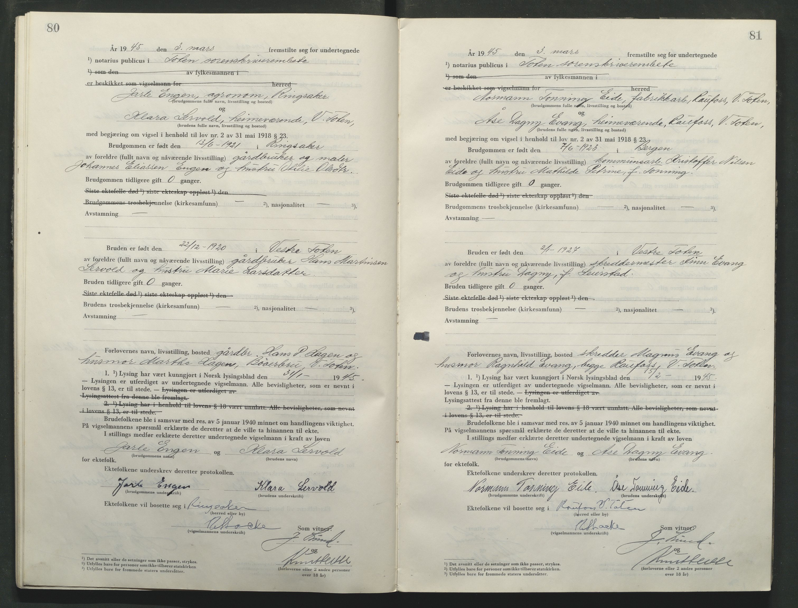 Toten tingrett, AV/SAH-TING-006/L/Lc/L0005: Vigselbok, 1944-1948, p. 80-81