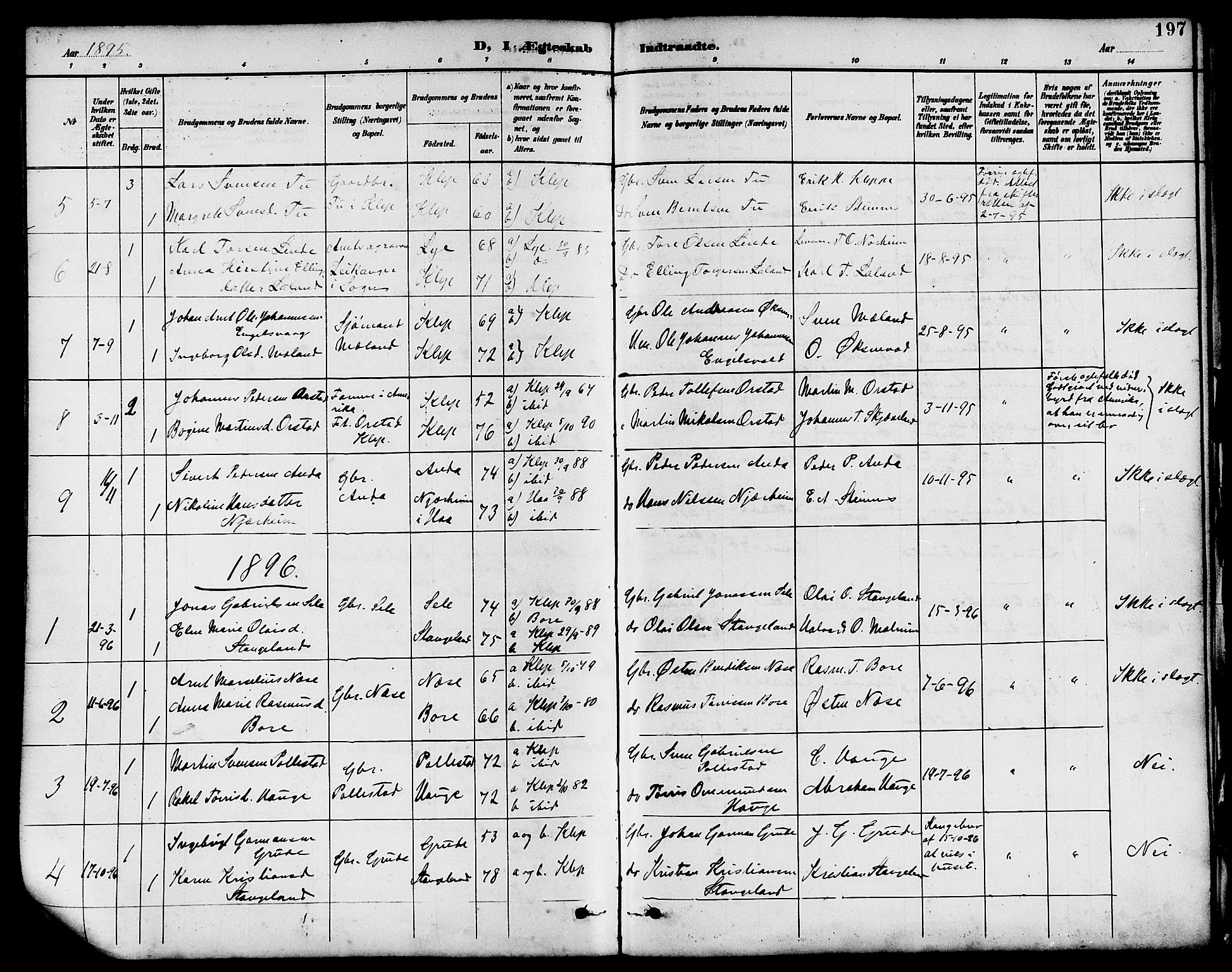 Klepp sokneprestkontor, SAST/A-101803/001/3/30BB/L0004: Parish register (copy) no. B 4, 1889-1914, p. 197