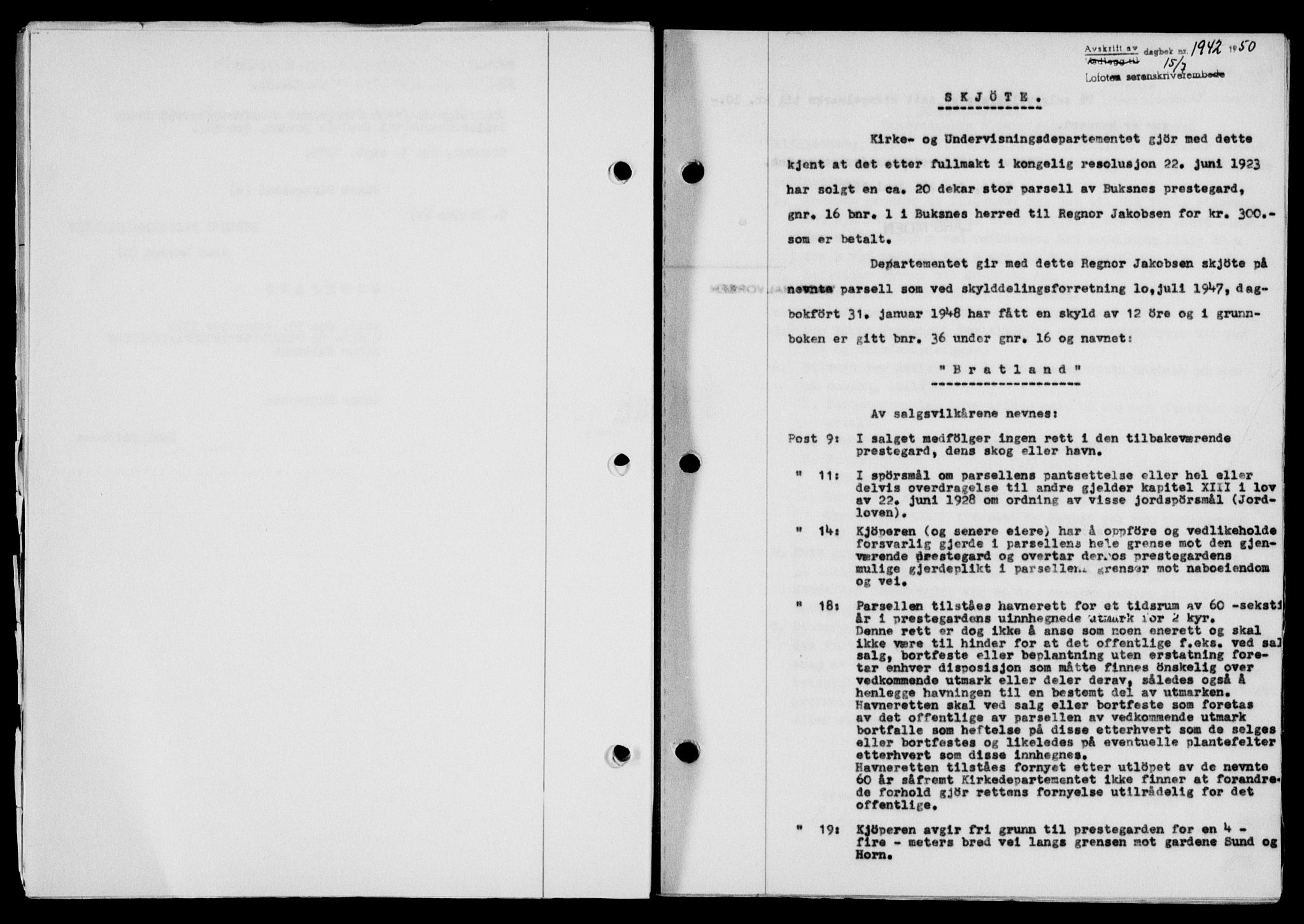 Lofoten sorenskriveri, SAT/A-0017/1/2/2C/L0024a: Mortgage book no. 24a, 1950-1950, Diary no: : 1942/1950