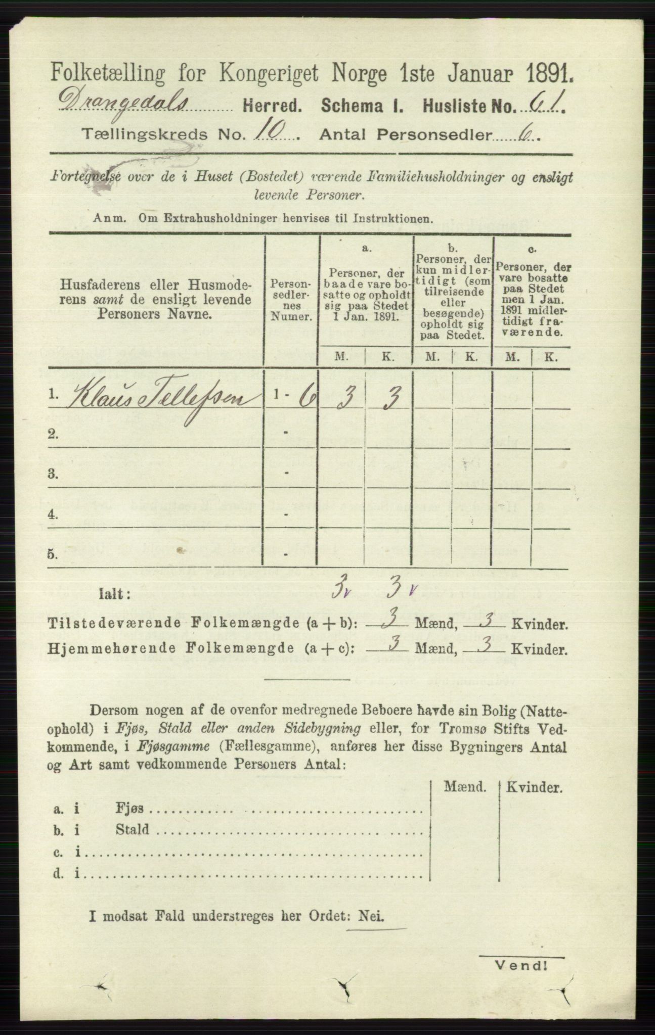 RA, 1891 census for 0817 Drangedal, 1891, p. 3407