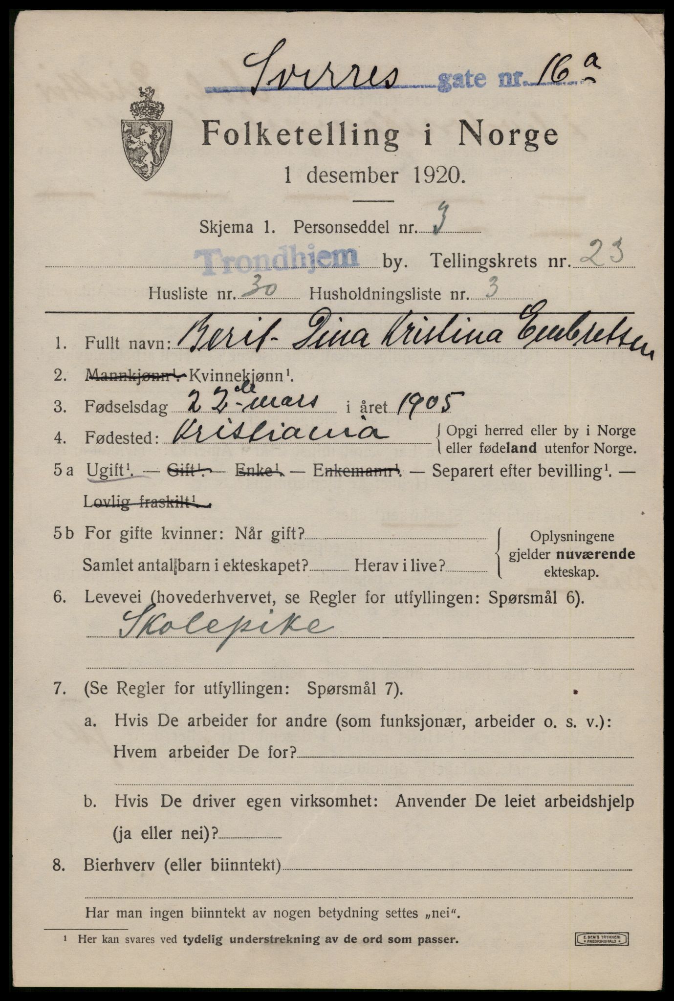 SAT, 1920 census for Trondheim, 1920, p. 65342