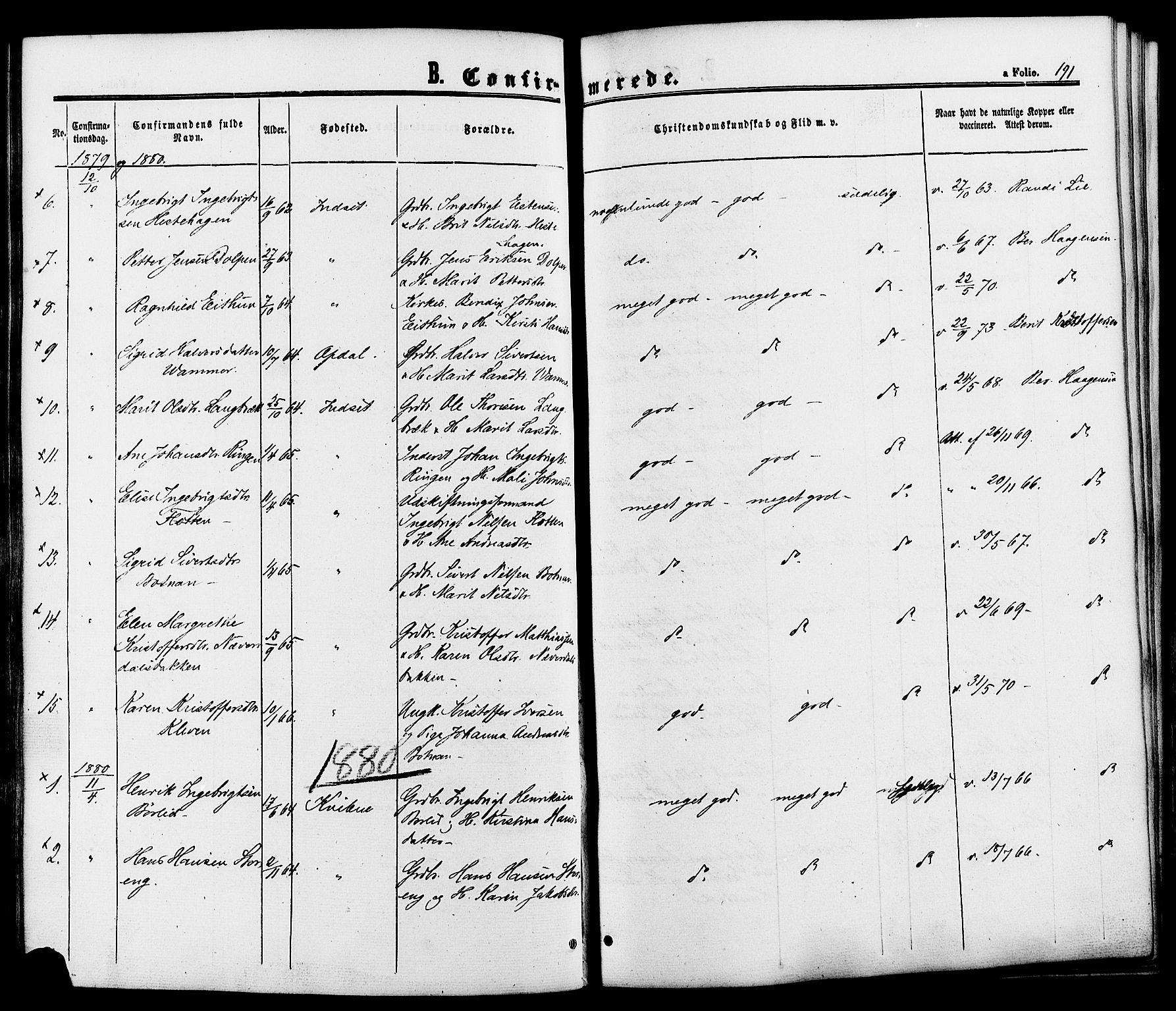 Kvikne prestekontor, SAH/PREST-064/H/Ha/Haa/L0006: Parish register (official) no. 6, 1863-1886, p. 191