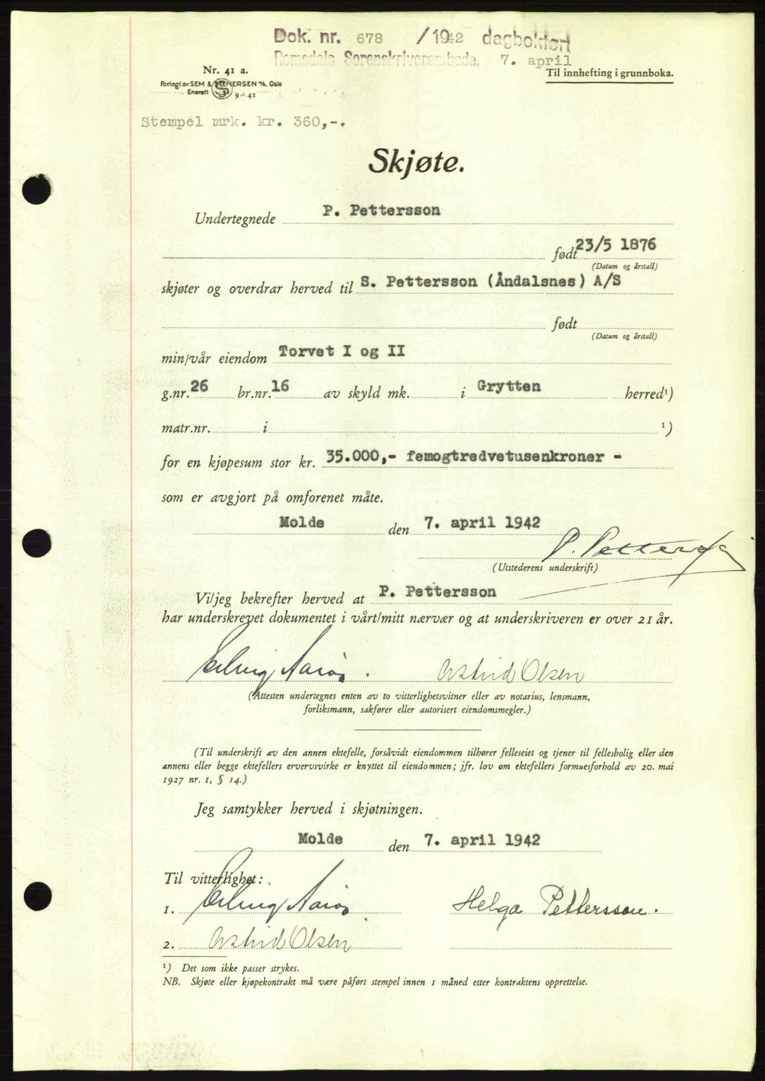 Romsdal sorenskriveri, AV/SAT-A-4149/1/2/2C: Mortgage book no. A12, 1942-1942, Diary no: : 678/1942