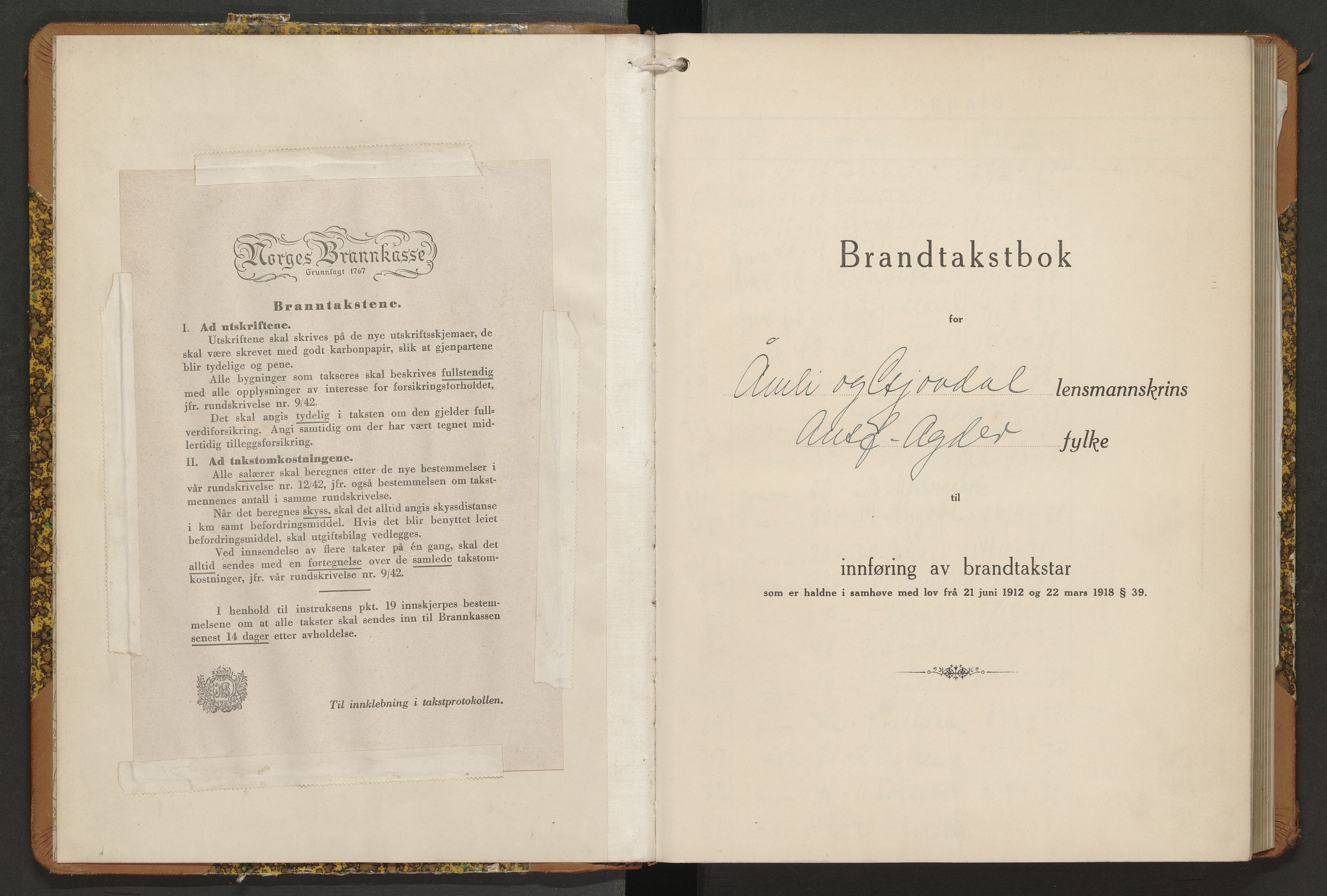 Norges Brannkasse Åmli og Gjøvdal, AV/SAK-2241-0061/F/Fa/L0008: Branntakstprotokoll nr. 8 med originalt register, 1937-1949