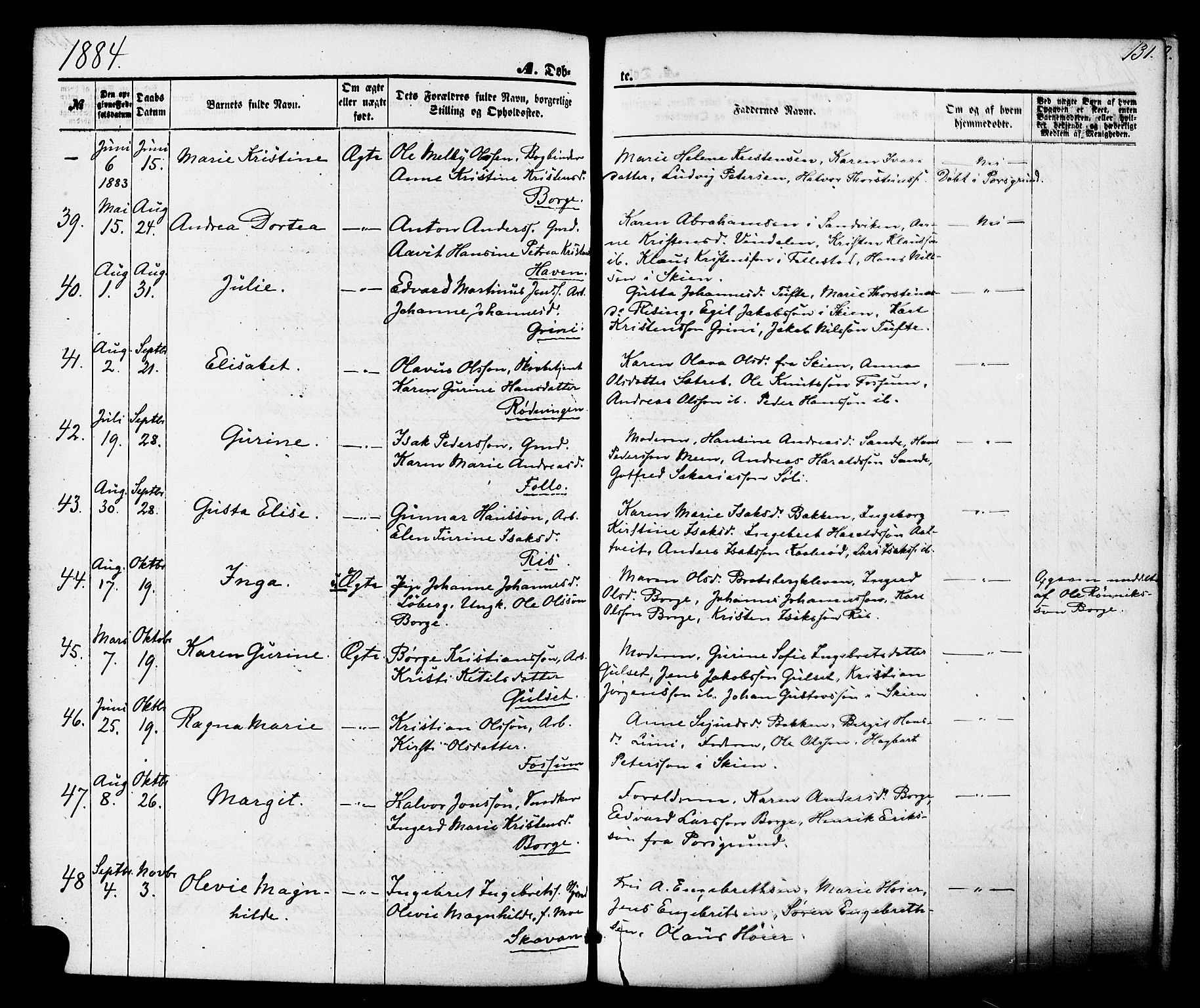 Gjerpen kirkebøker, AV/SAKO-A-265/F/Fa/L0009: Parish register (official) no. I 9, 1872-1885, p. 131