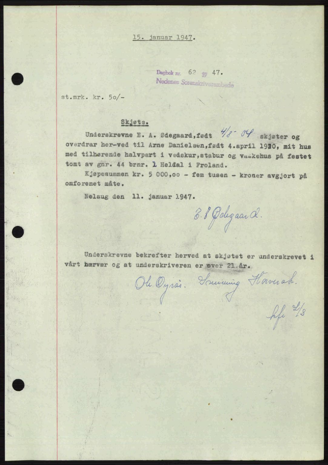 Nedenes sorenskriveri, SAK/1221-0006/G/Gb/Gba/L0056: Mortgage book no. A8, 1946-1947, Diary no: : 62/1947