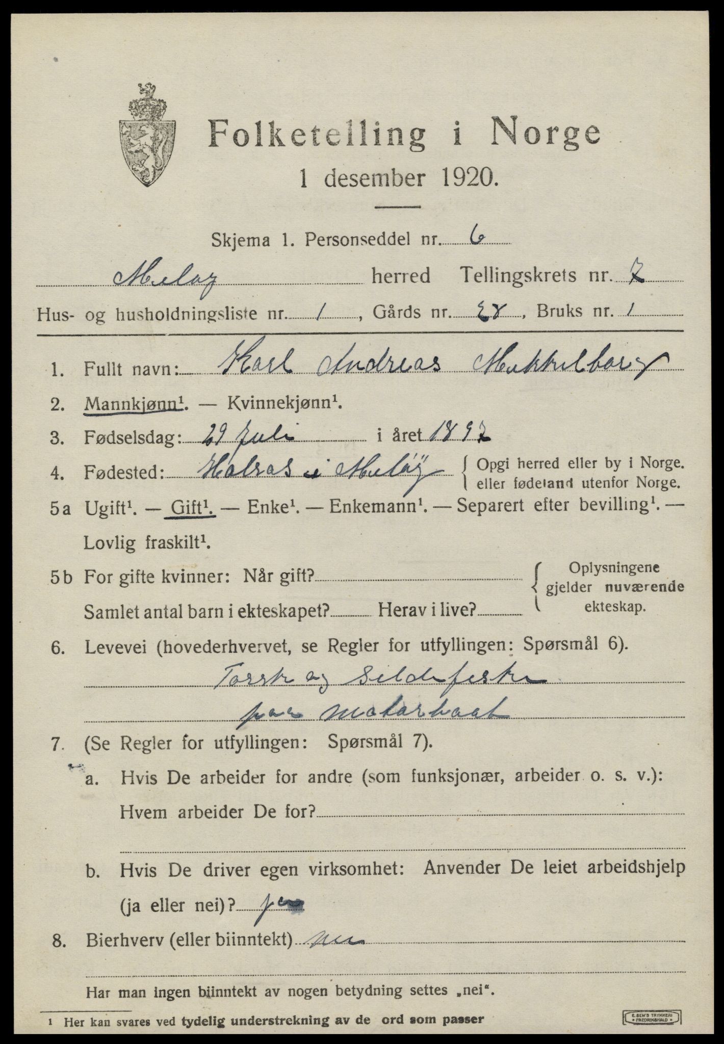 SAT, 1920 census for Meløy, 1920, p. 3721