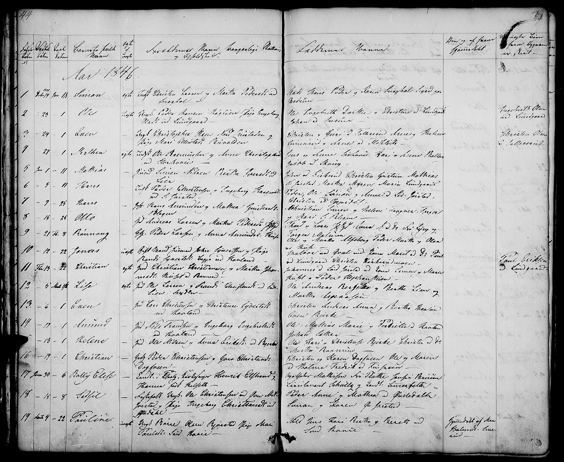 Fåberg prestekontor, SAH/PREST-086/H/Ha/Hab/L0005: Parish register (copy) no. 5, 1837-1864, p. 44-45