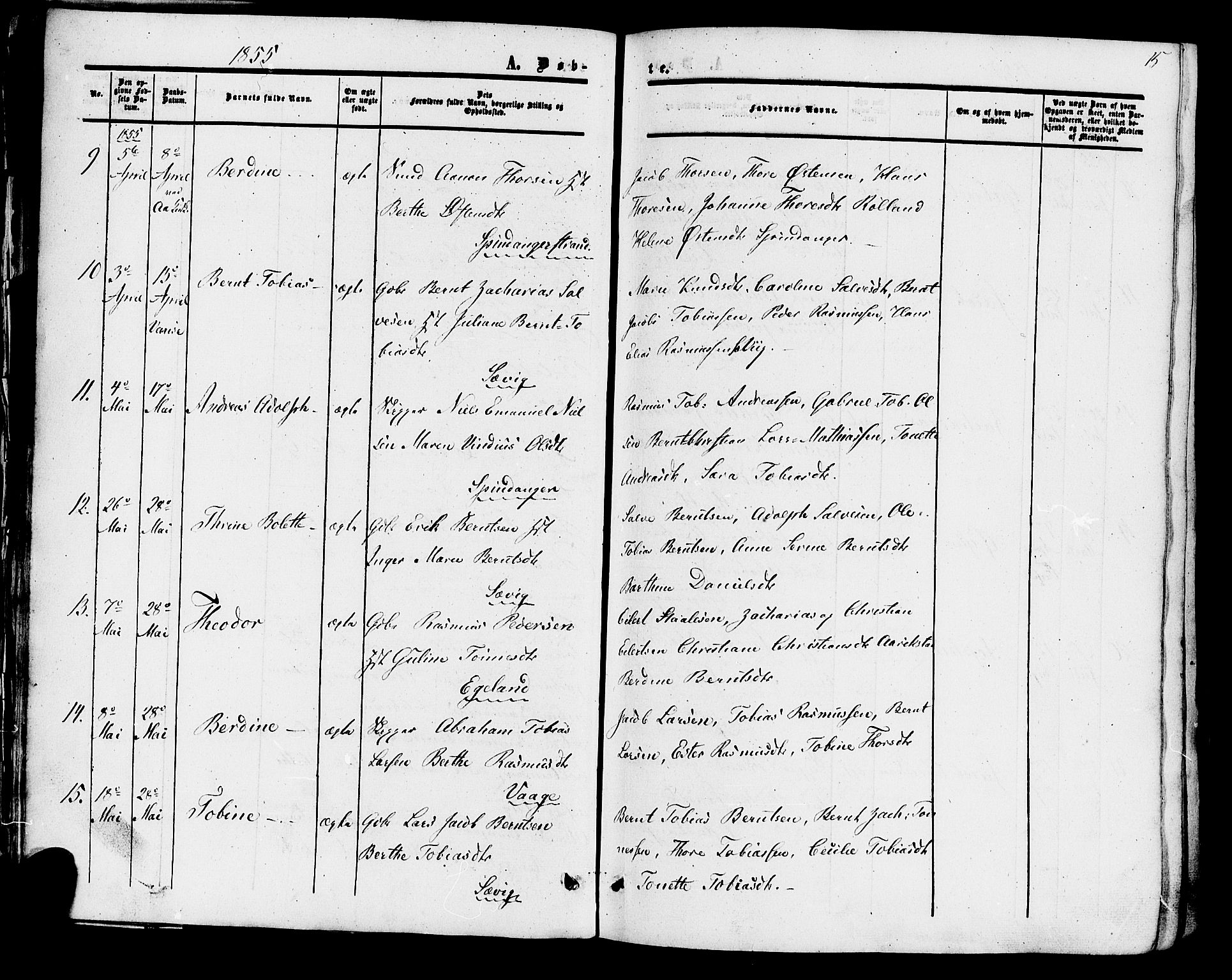 Herad sokneprestkontor, AV/SAK-1111-0018/F/Fa/Fab/L0004: Parish register (official) no. A 4, 1853-1885, p. 15