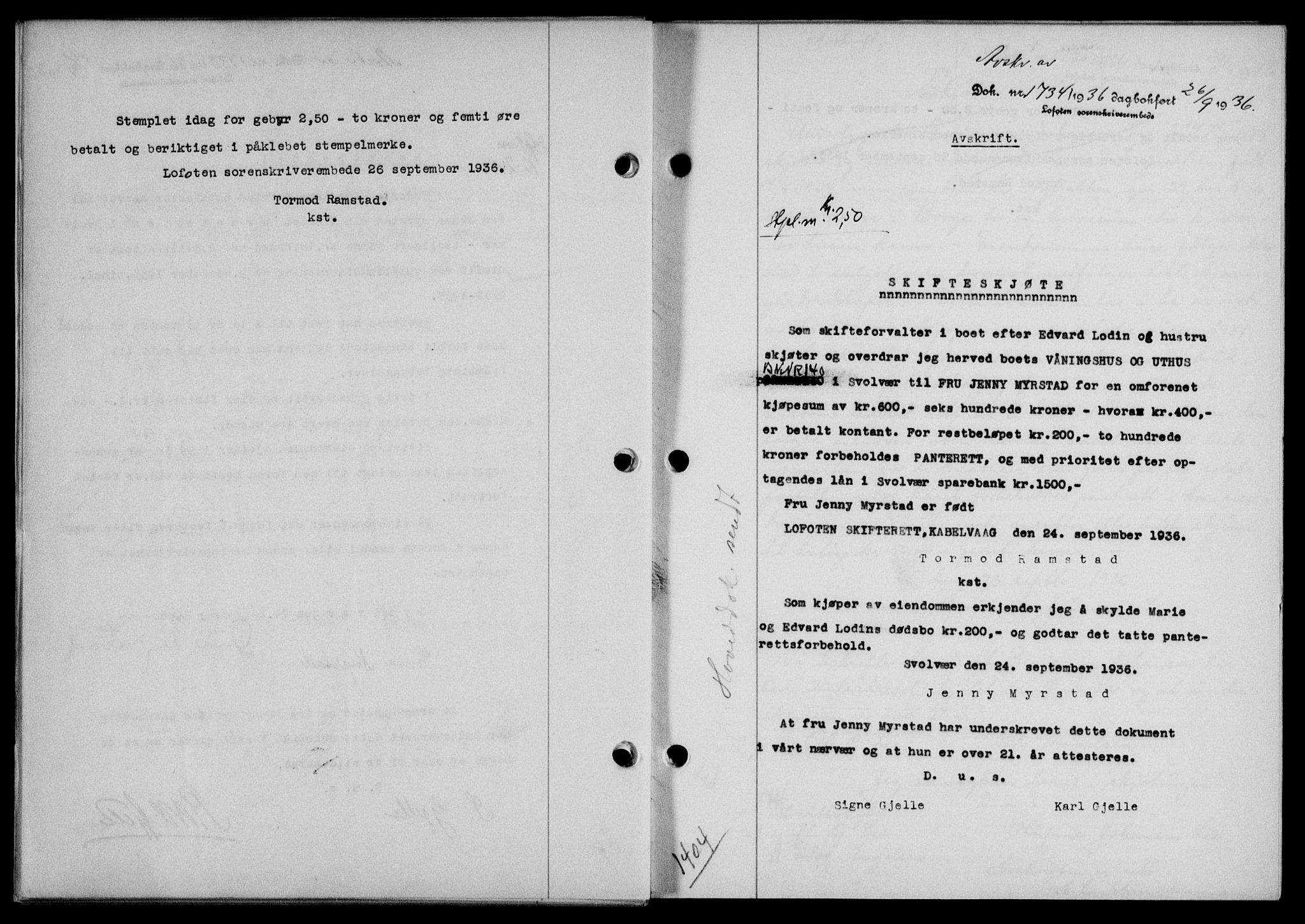 Lofoten sorenskriveri, SAT/A-0017/1/2/2C/L0001a: Mortgage book no. 1a, 1936-1937, Diary no: : 1734/1936