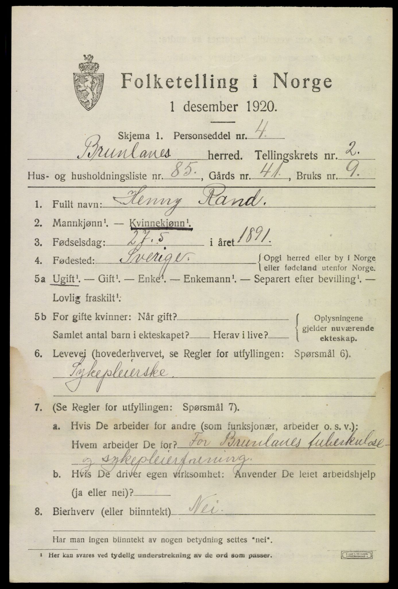 SAKO, 1920 census for Brunlanes, 1920, p. 4465