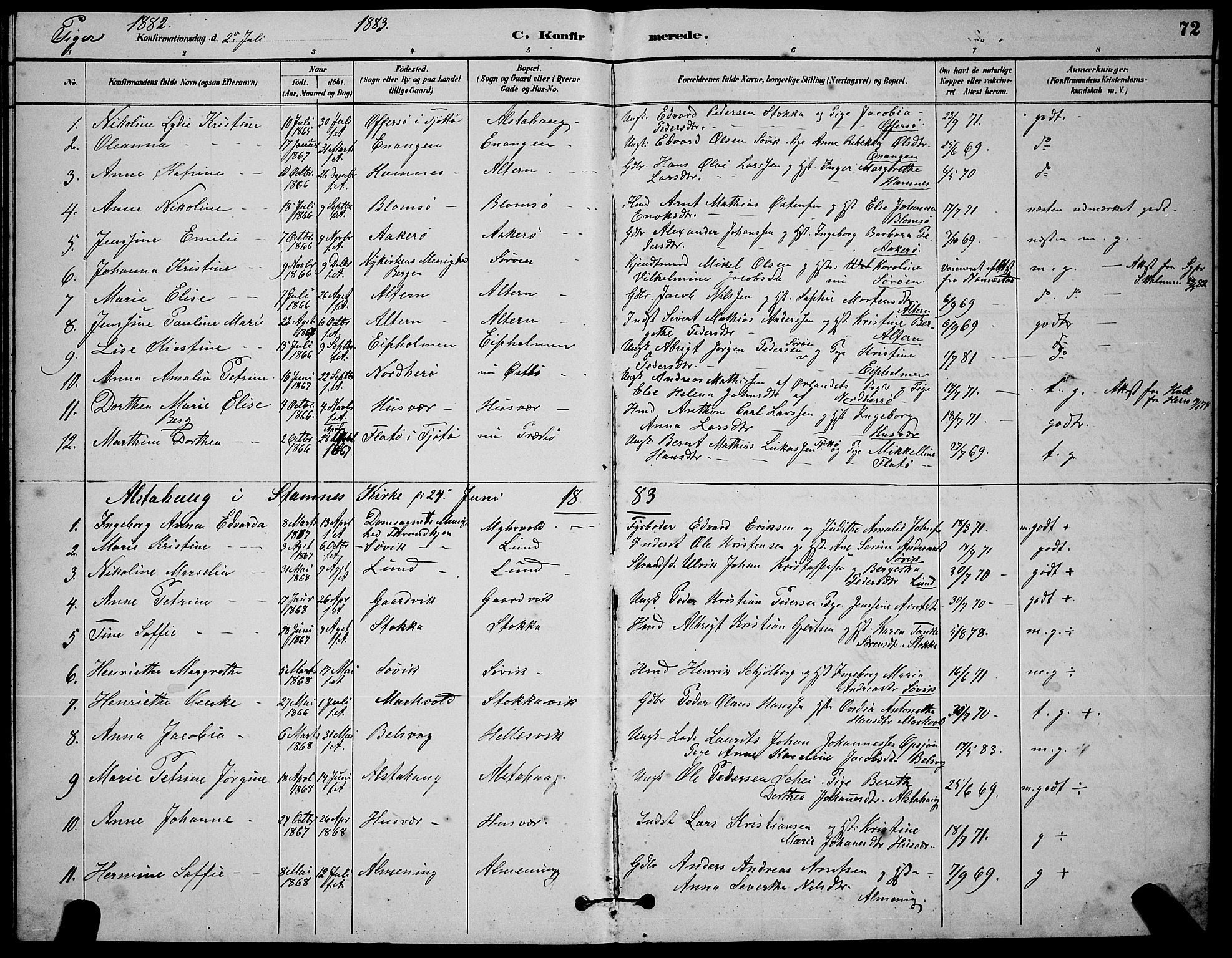 Ministerialprotokoller, klokkerbøker og fødselsregistre - Nordland, SAT/A-1459/830/L0462: Parish register (copy) no. 830C04, 1882-1895, p. 72